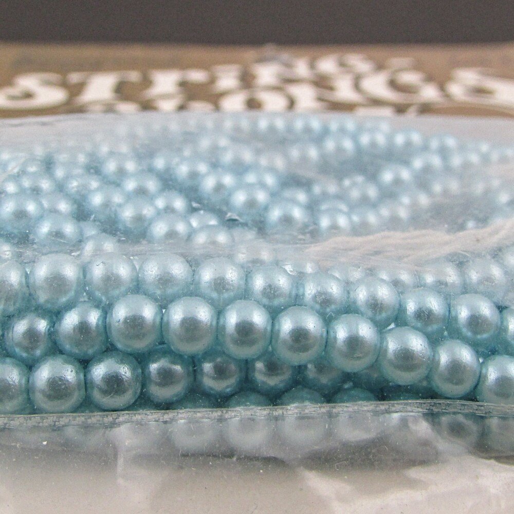 Vintage 4mm Faux Pearls, 60" Strand Round Opaque Light Blue Beads