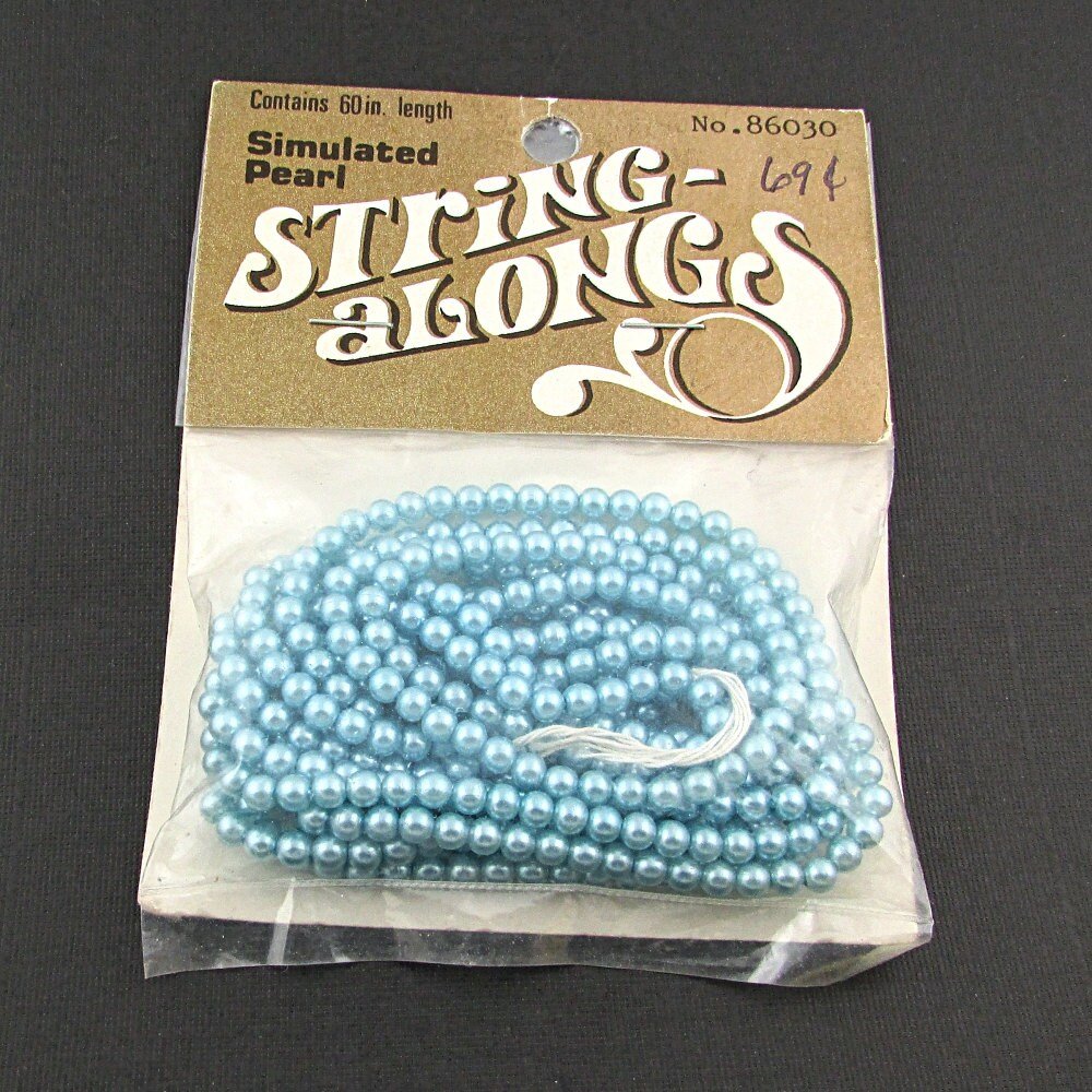 Vintage 4mm Faux Pearls, 60" Strand Round Opaque Light Blue Beads