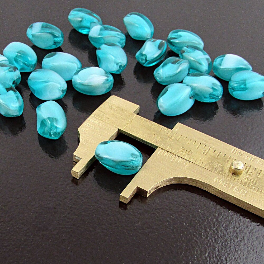 14x8mm Twisted Oval Beads, Aqua Givre Czech Pressed Glass Barrels (36)
