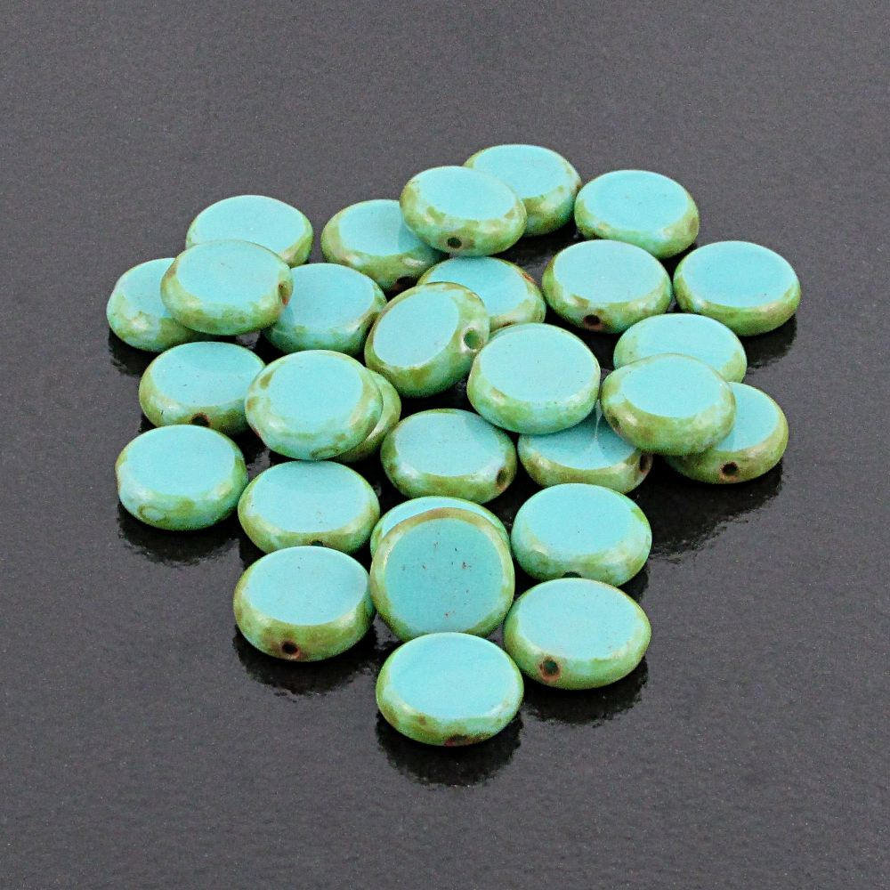 10mm Coin Turquoise Picasso Window Beads (30)