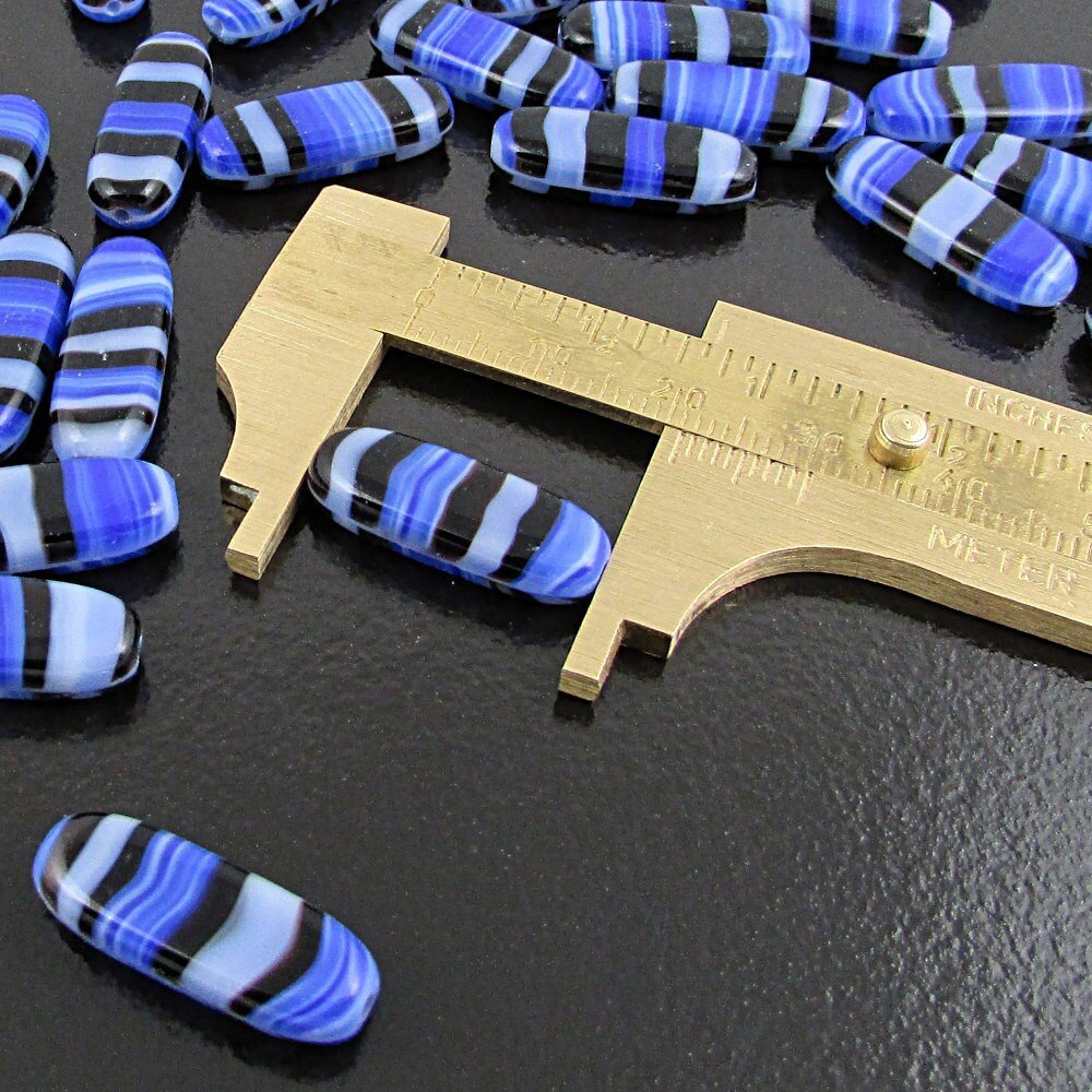 21x8mm Striped Flat Oval Glass Beads, Blue and Gray Lampwork