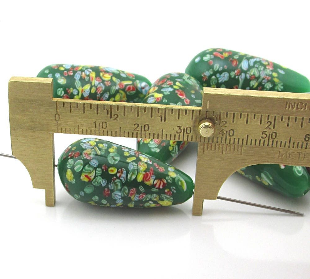 Vintage 36x18mm Teardrop Focal, Green Tombo Millefiori Glass Bead