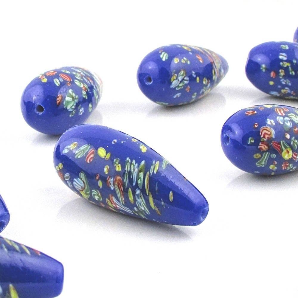 Vintage Teardrop Pendant 36mm, Blue Tombo Millefiori Glass Focal Bead