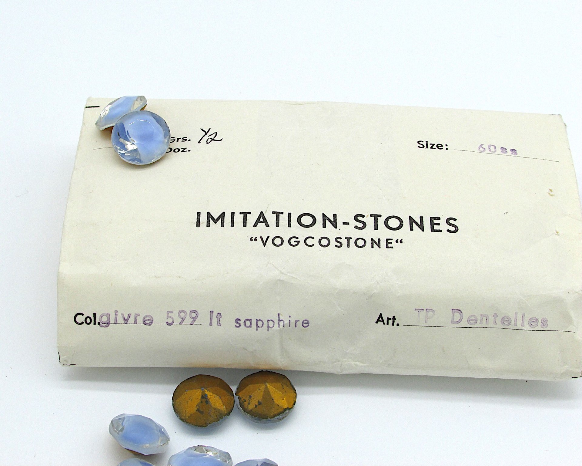 60ss Rhinestone Dentelles, Vintage 14mm Point Back Glass Gems with 2-Tone Light Sapphire Givre (12)