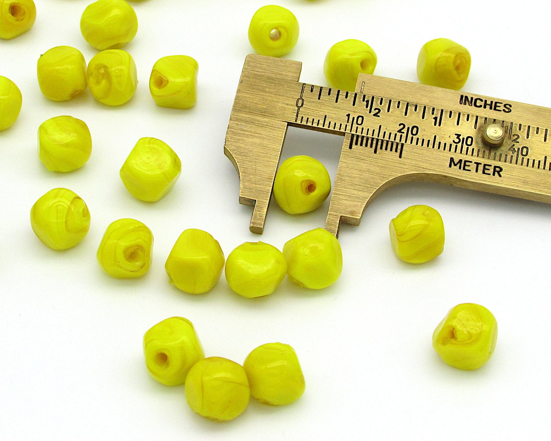 10mm Bright Yellow Lampwork Beads, Vintage Baroque Cube Nuggets