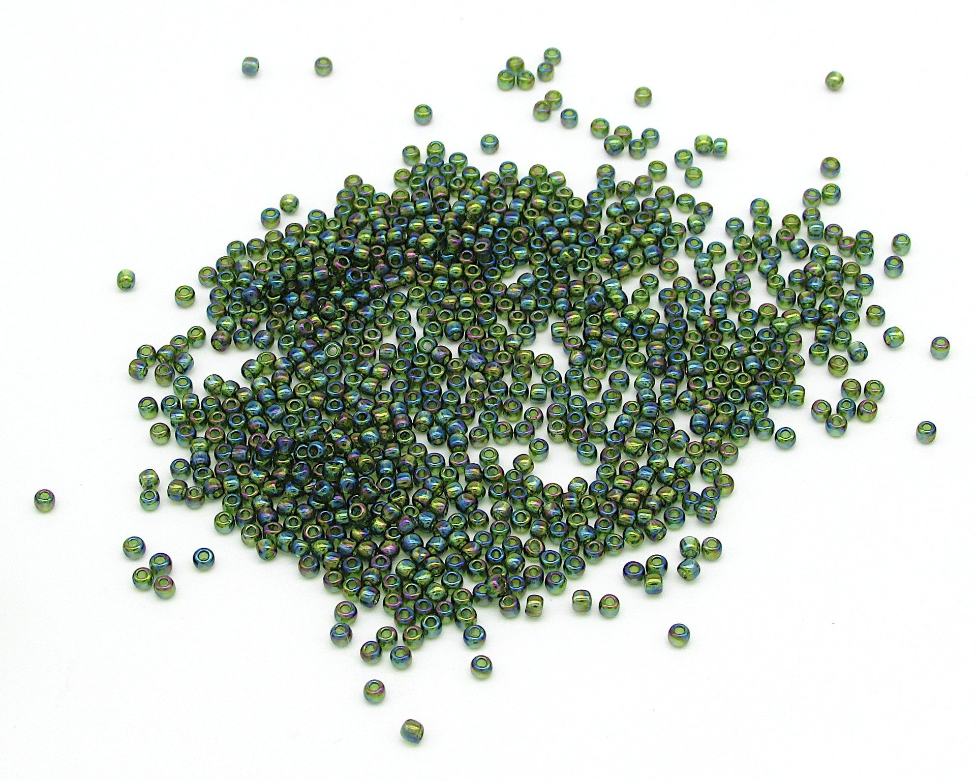 11/0 Seed Beads, Round TOHO Olivine Rainbow, Translucent Iridescent Green Spacers