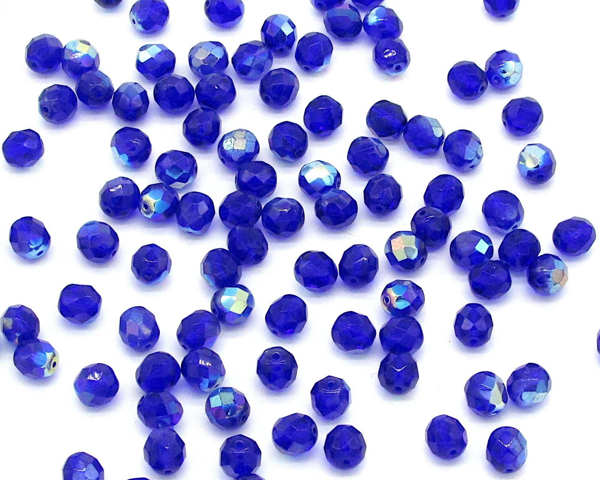 8mm Glass Beads, Faceted Rounds, Cobalt AB Czech Fire Polished Iridescent Blue Spacers