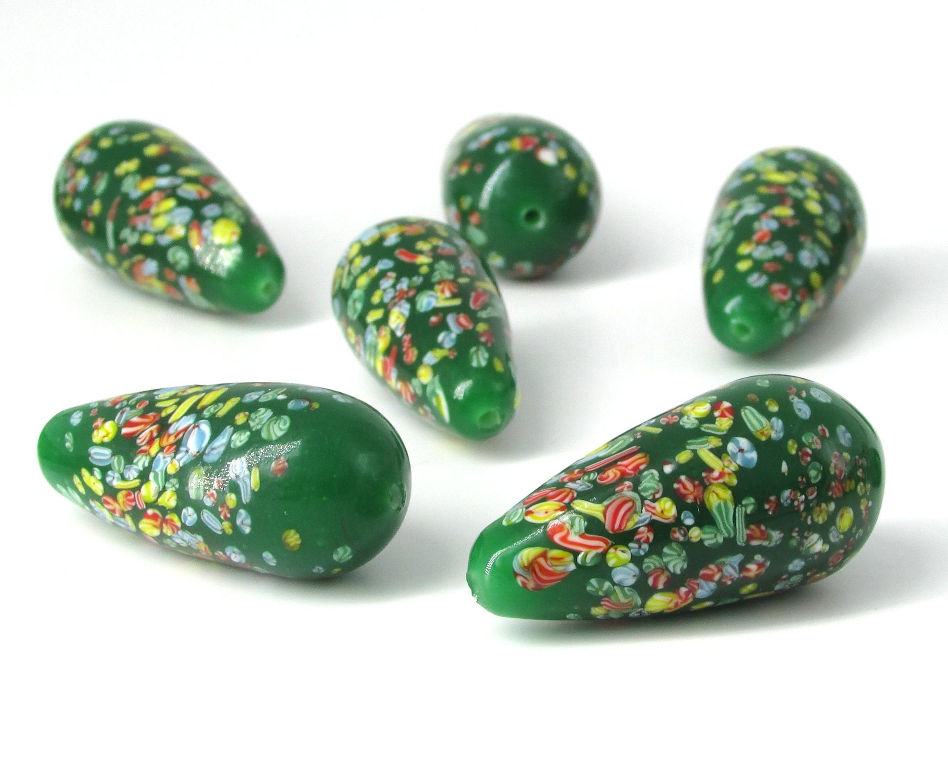 Vintage 36x18mm Teardrop Focal, Green Tombo Millefiori Glass Bead