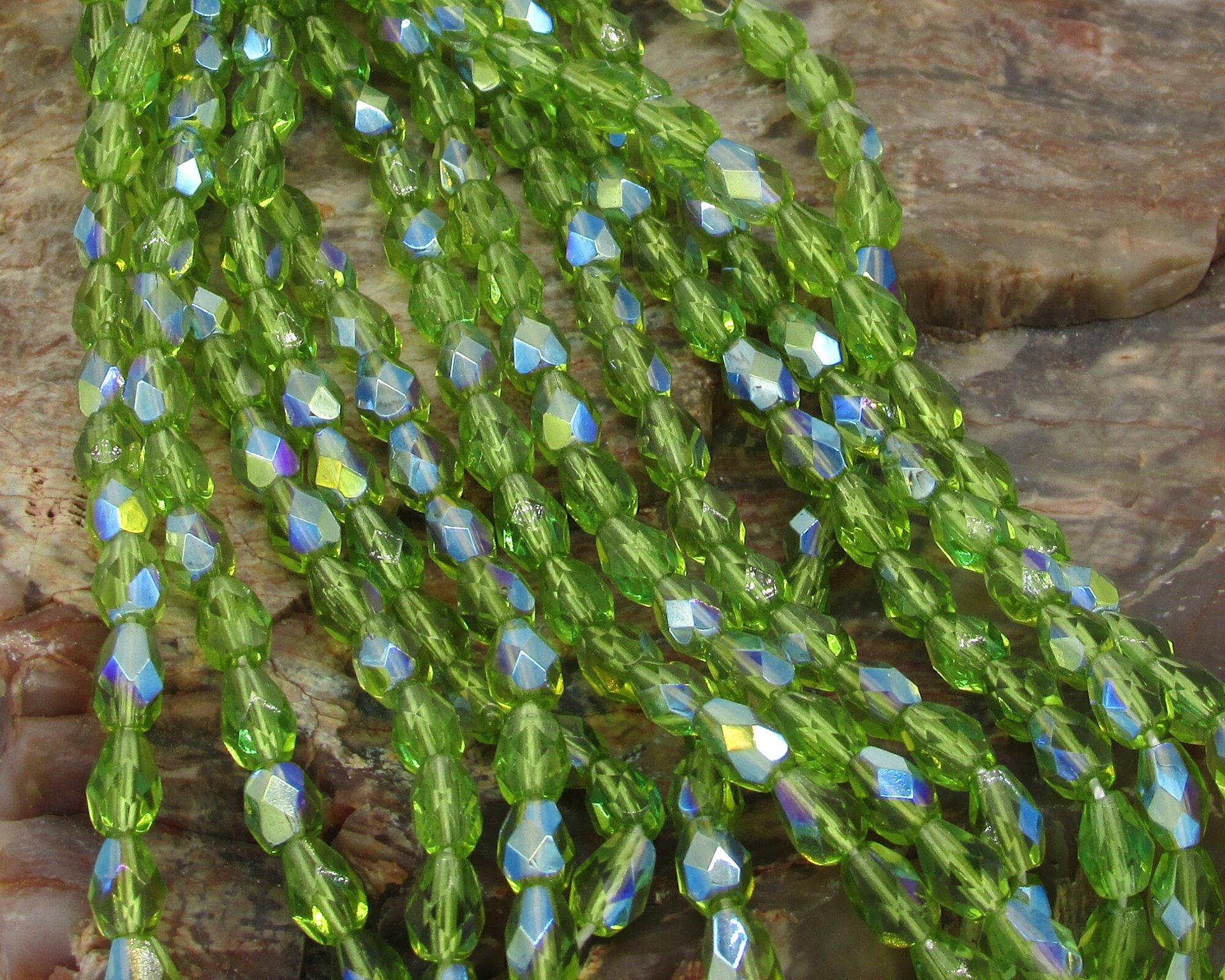 Olivine AB 7x5mm Pear Droplets, Faceted Teardrops, Czech Fire Polished Glass Beads