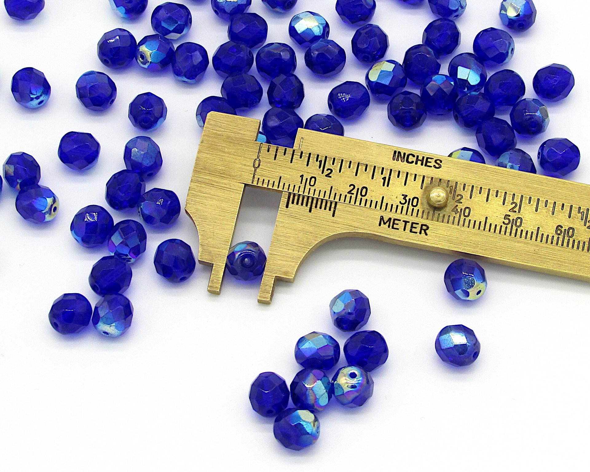 8mm Glass Beads, Faceted Rounds, Cobalt AB Czech Fire Polished Iridescent Blue Spacers