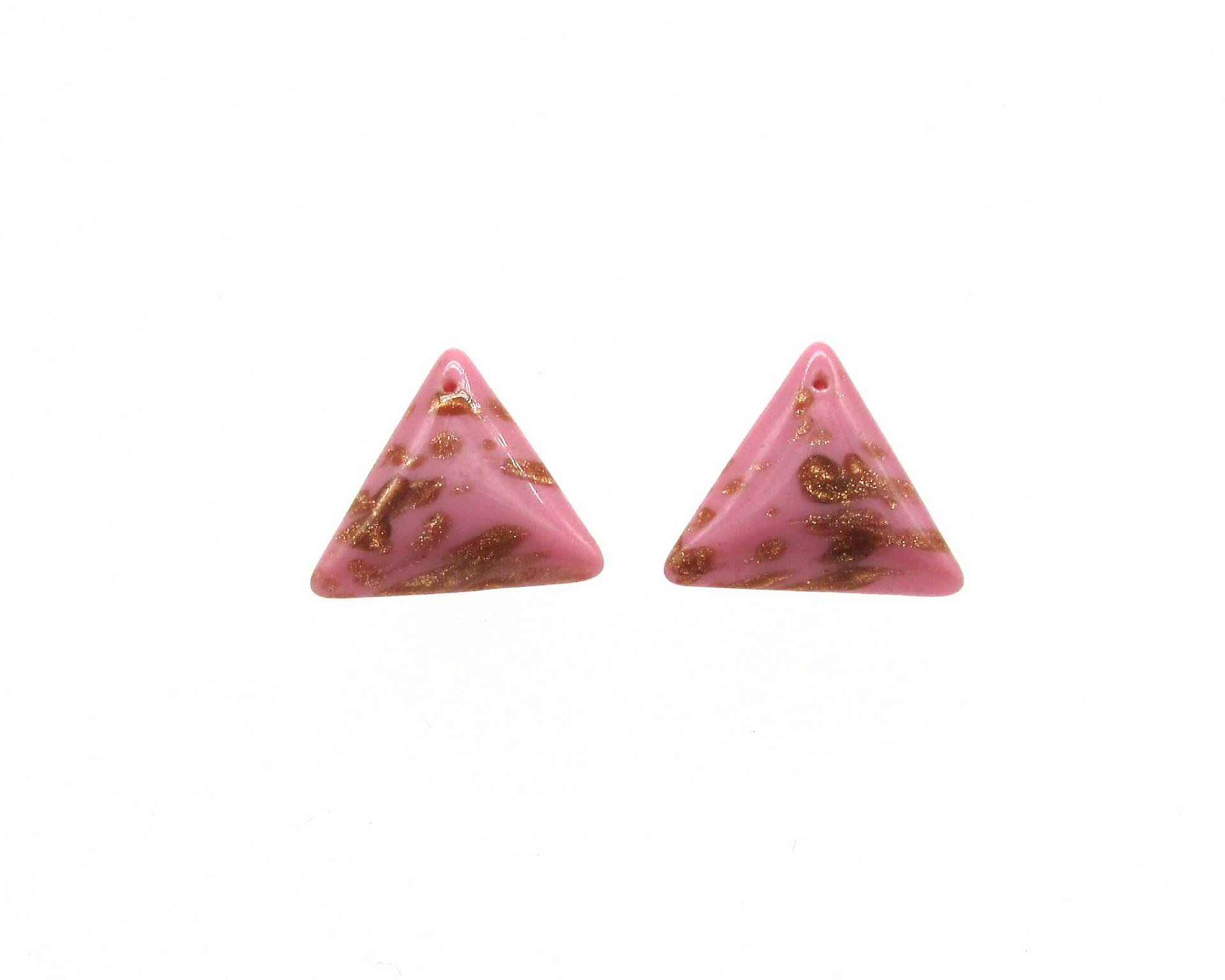 18mm Triangular Pendants, Top Drilled Vintage Pink and Gold Glass Stones