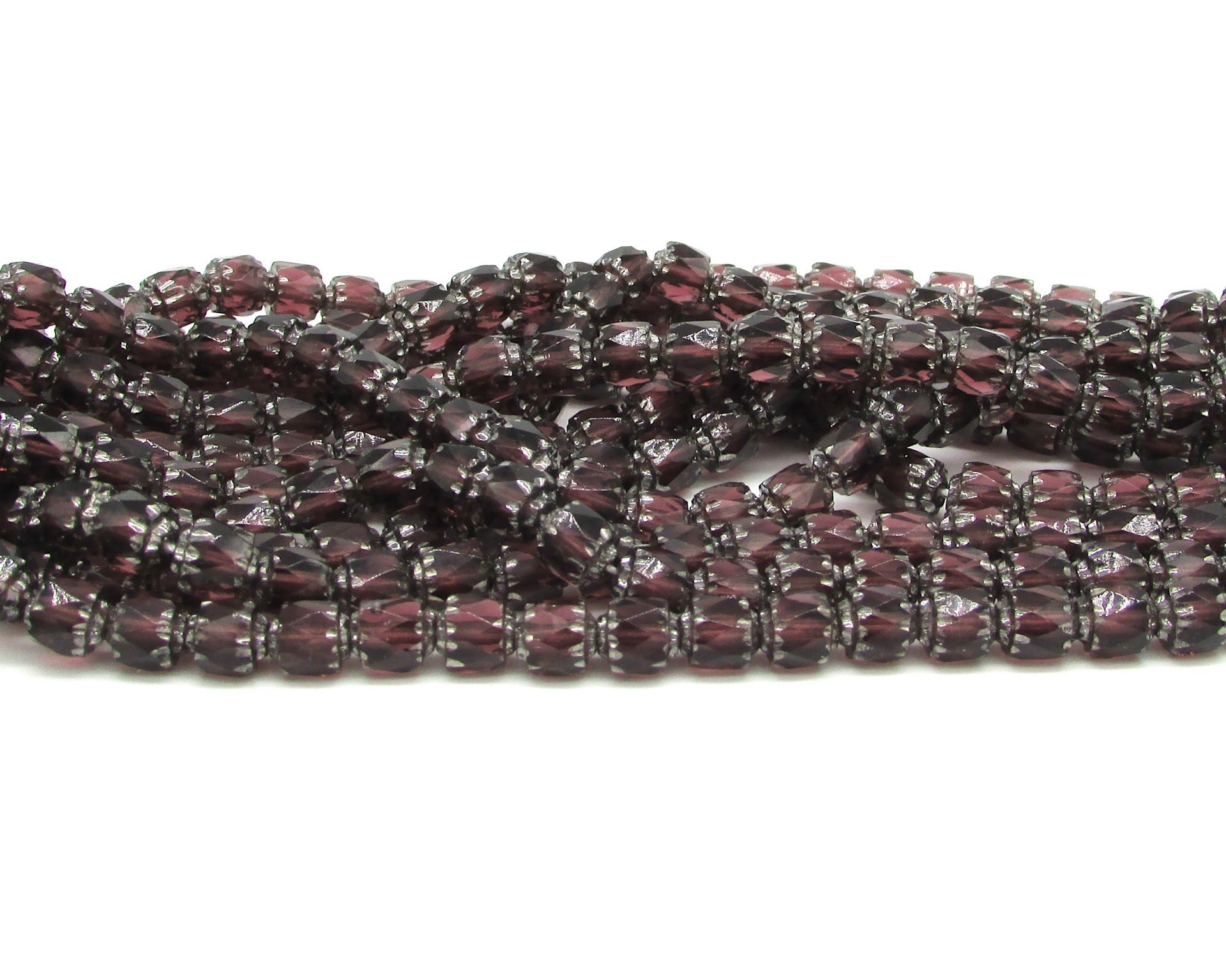 6mm Octagonal Crown Cathedral Beads, Translucent Amethyst with Antique Silver Etching