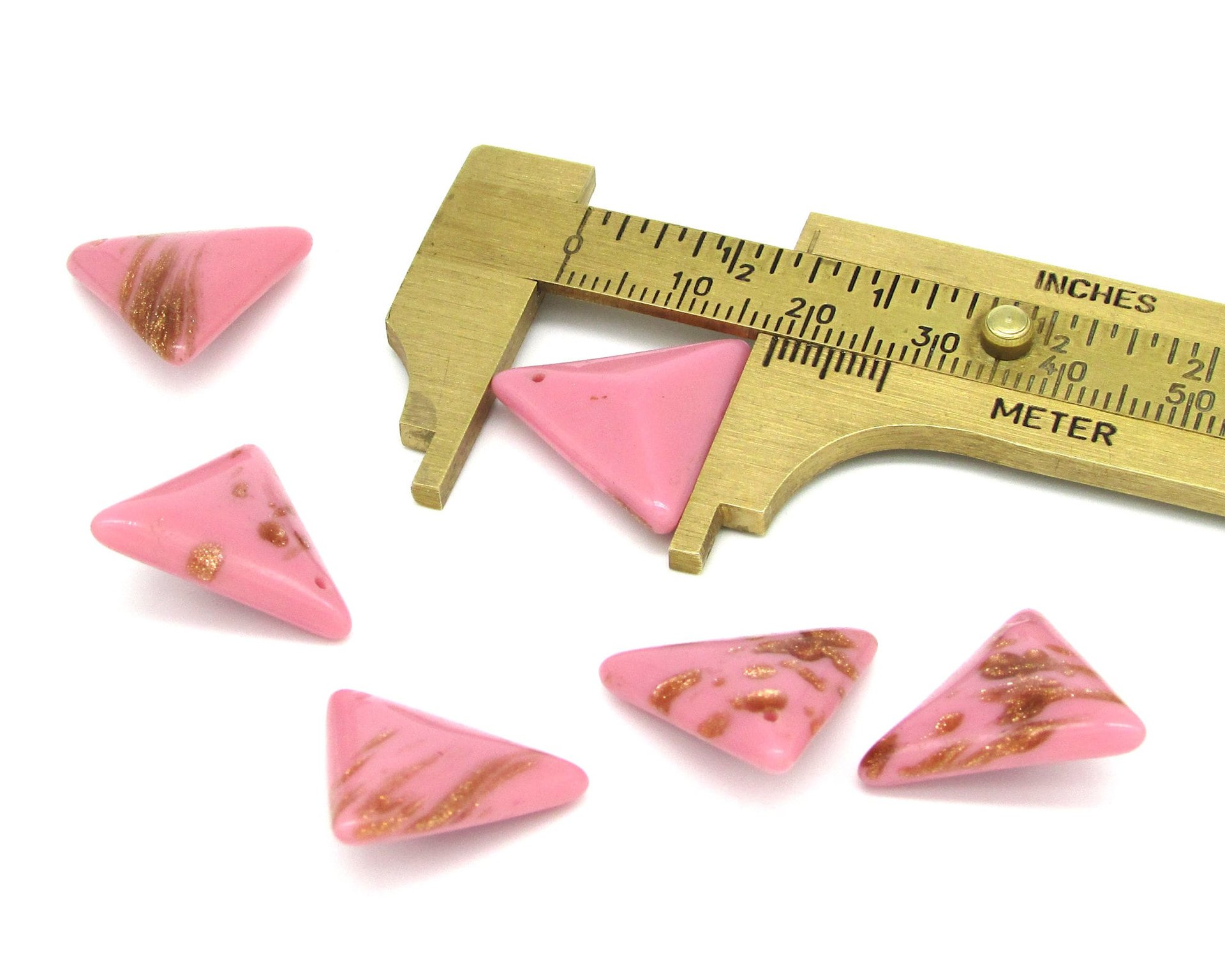 18mm Triangular Pendants, Top Drilled Vintage Pink and Gold Glass Stones