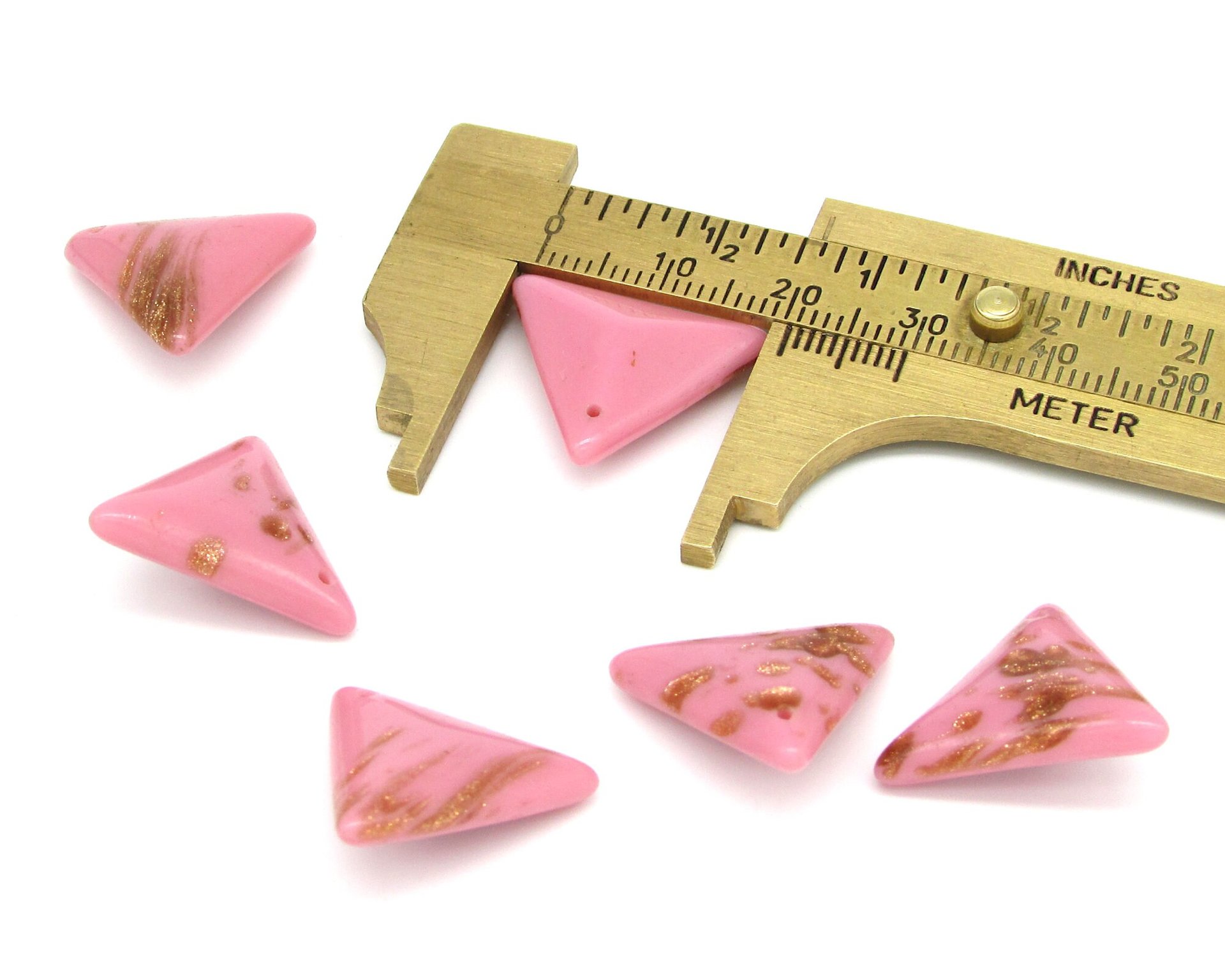 18mm Triangular Pendants, Top Drilled Vintage Pink and Gold Glass Stones