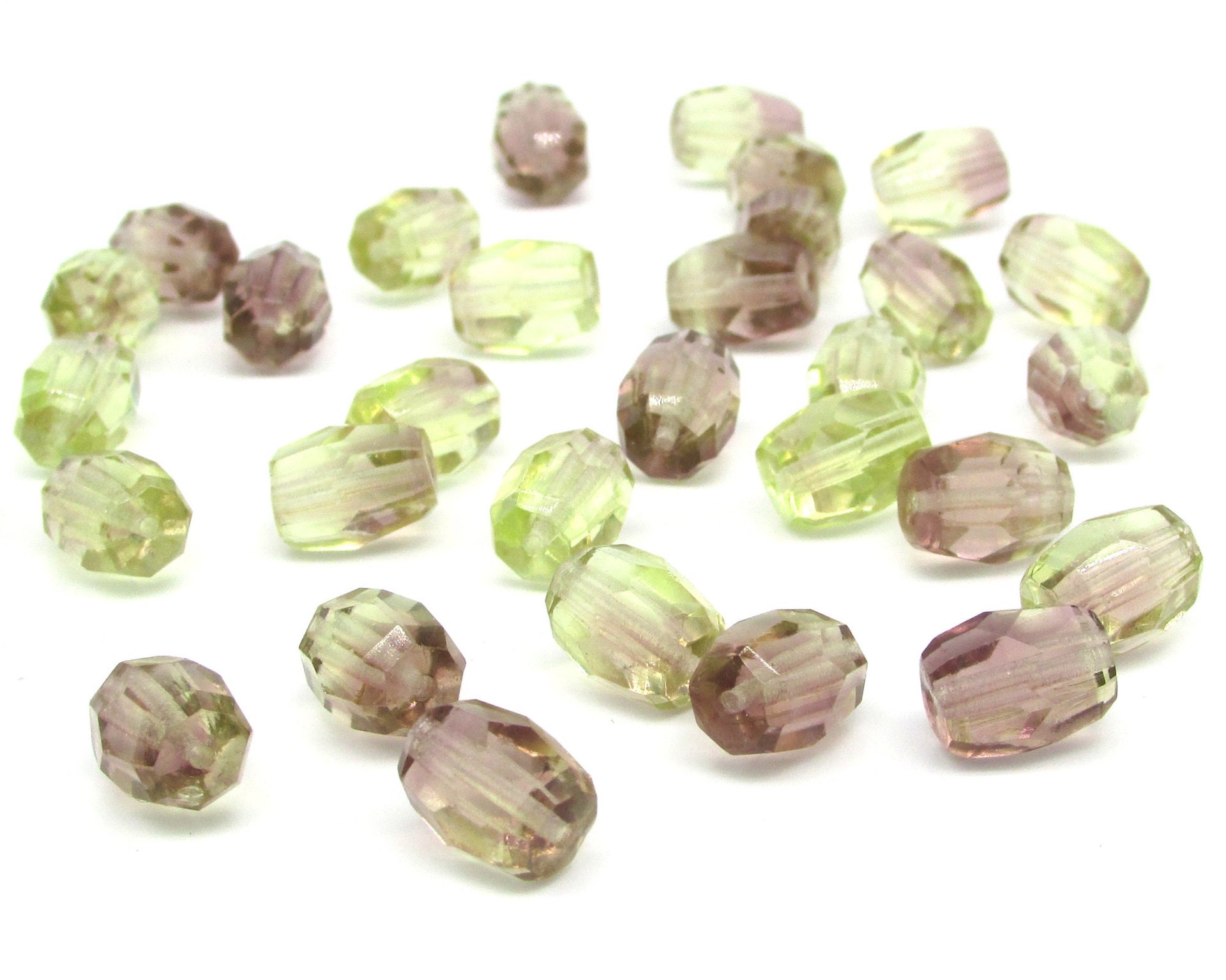 10x8mm Faceted Oval Beads, 2-Tone Amethyst & Olivine Czech Glass Barrels