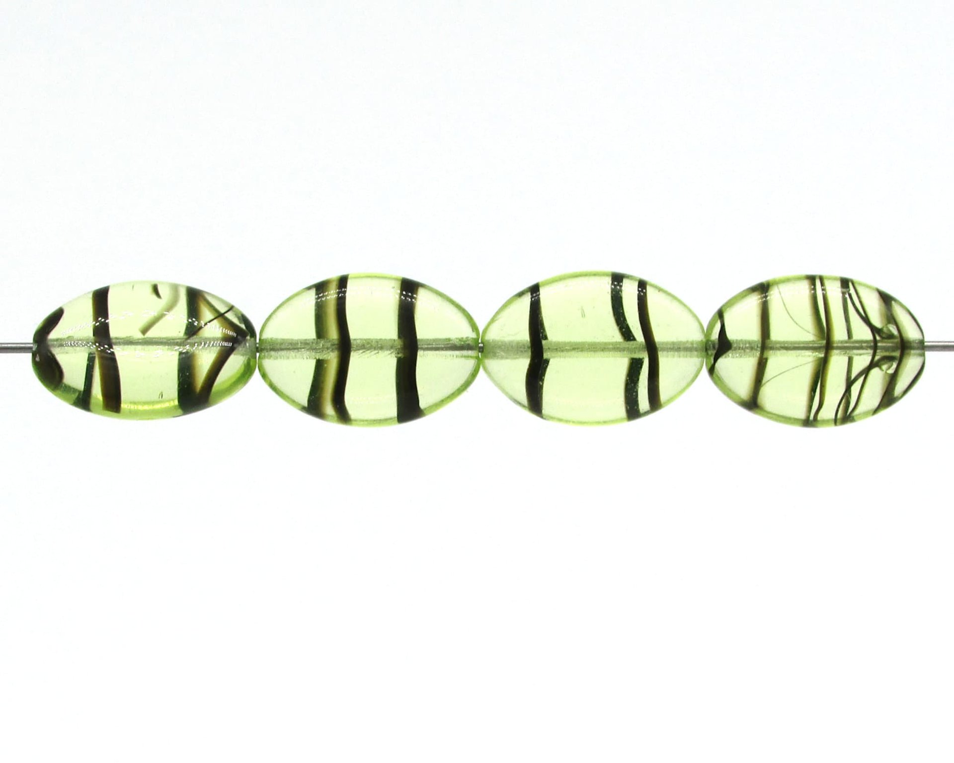 16mm Flat Oval Beads, Green and Brown Striped Glass