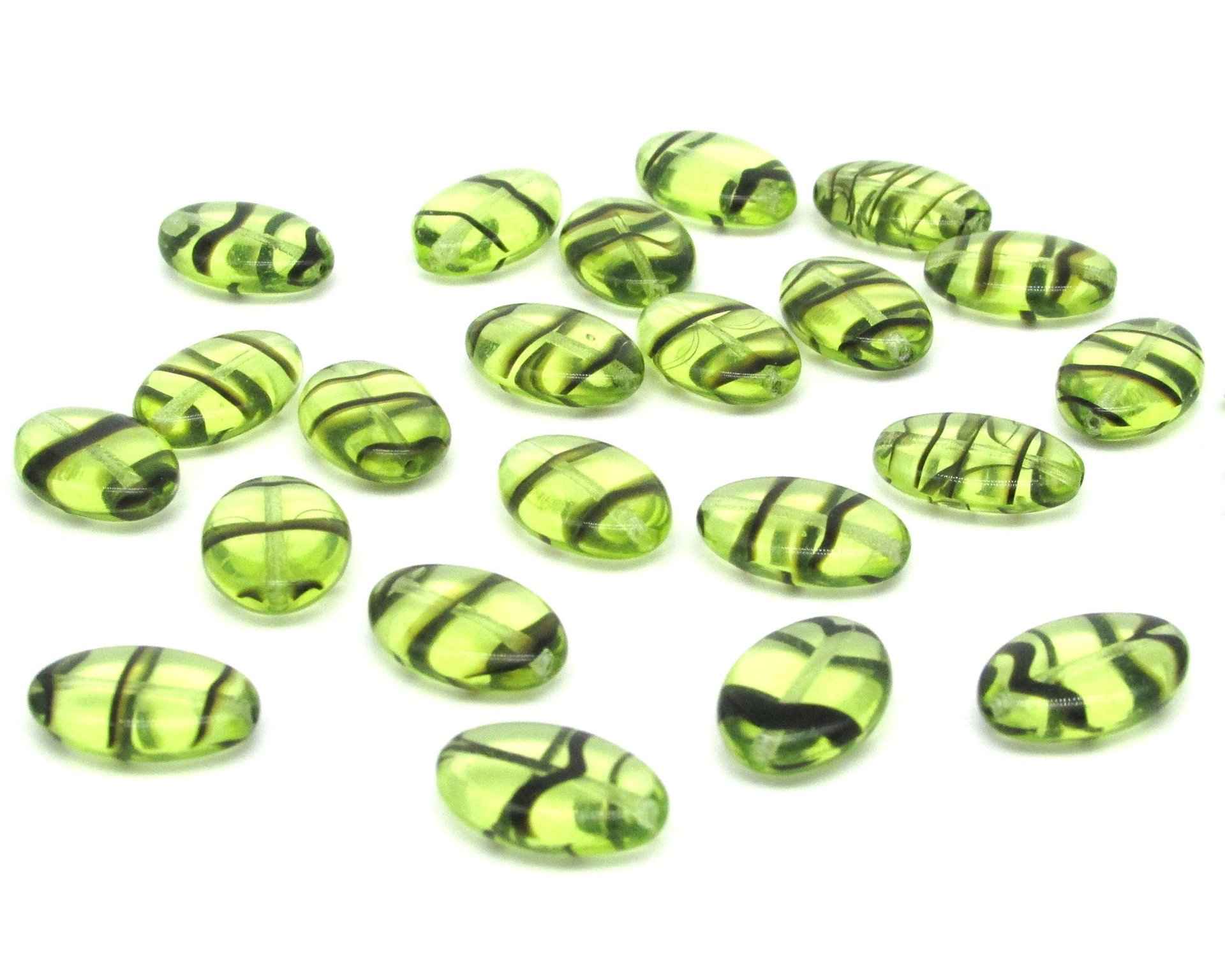 16mm Flat Oval Beads, Green and Brown Striped Glass