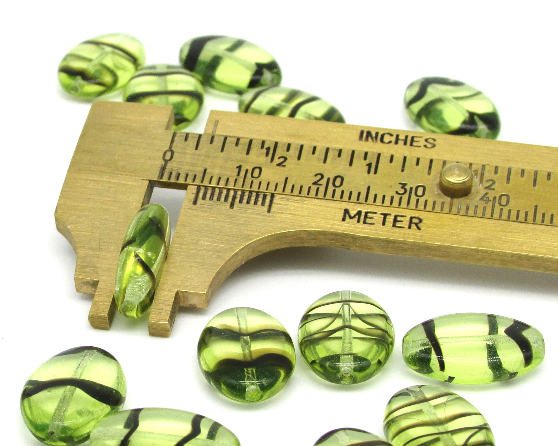 16mm Flat Oval Beads, Green and Brown Striped Glass