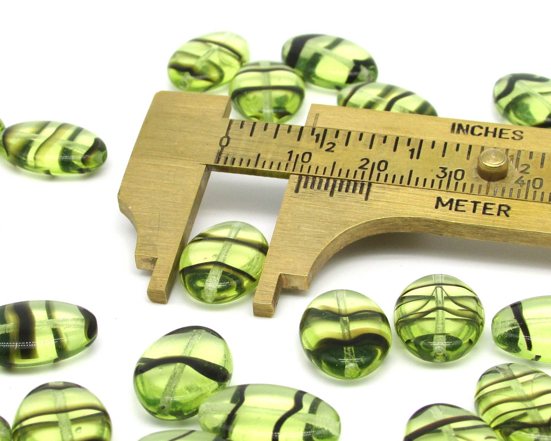 16mm Flat Oval Beads, Green and Brown Striped Glass