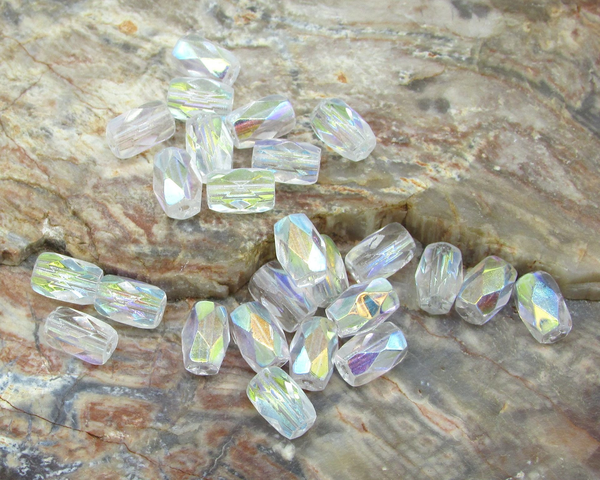 7x5mm Faceted Oval Barrels, Crystal AB Fire Polished Czech Glass Beads