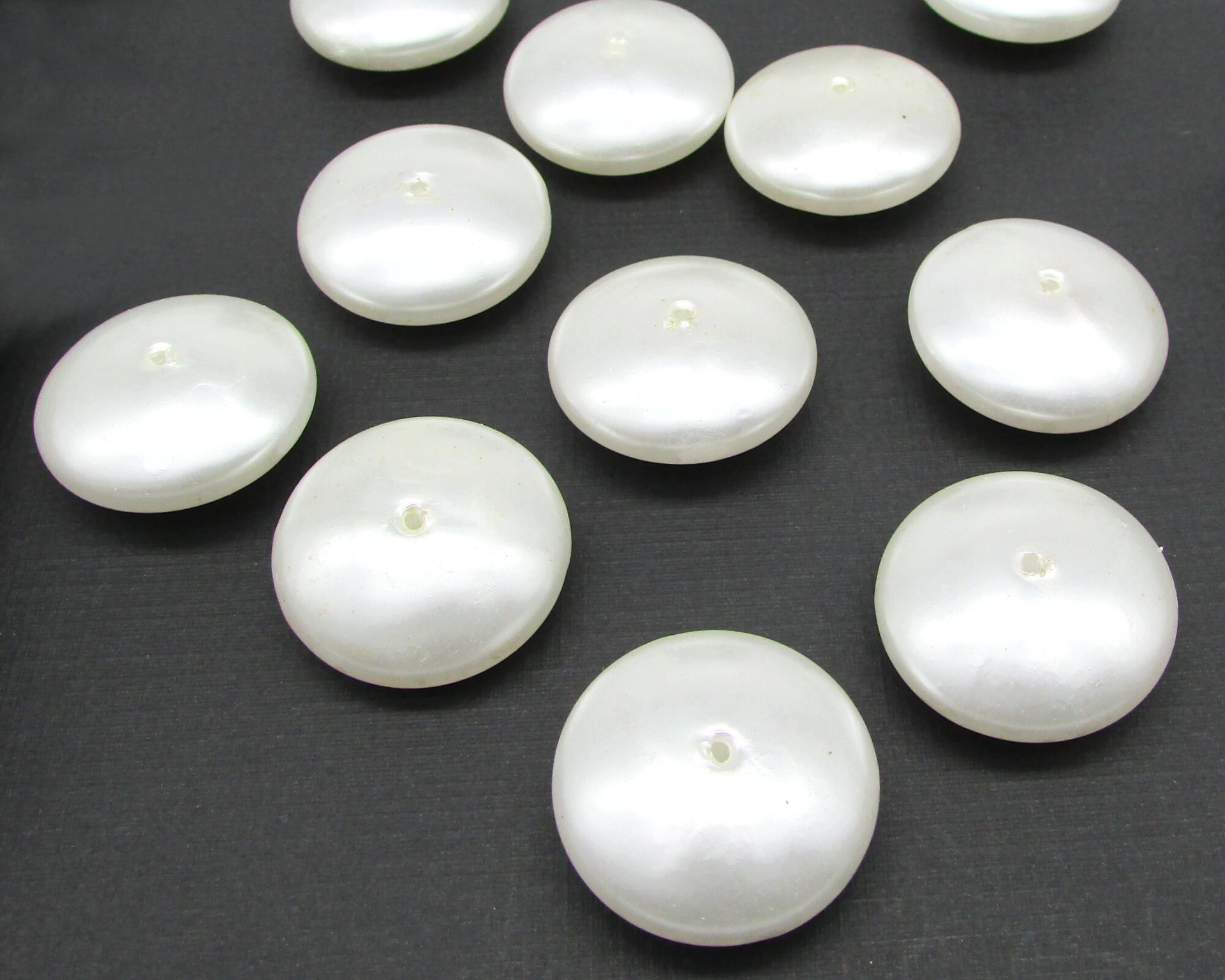 12x26.5mm Rondelles, Opaque White Puffed Rounds, Vintage Plastic Faux Pearl Saucer Beads (11)