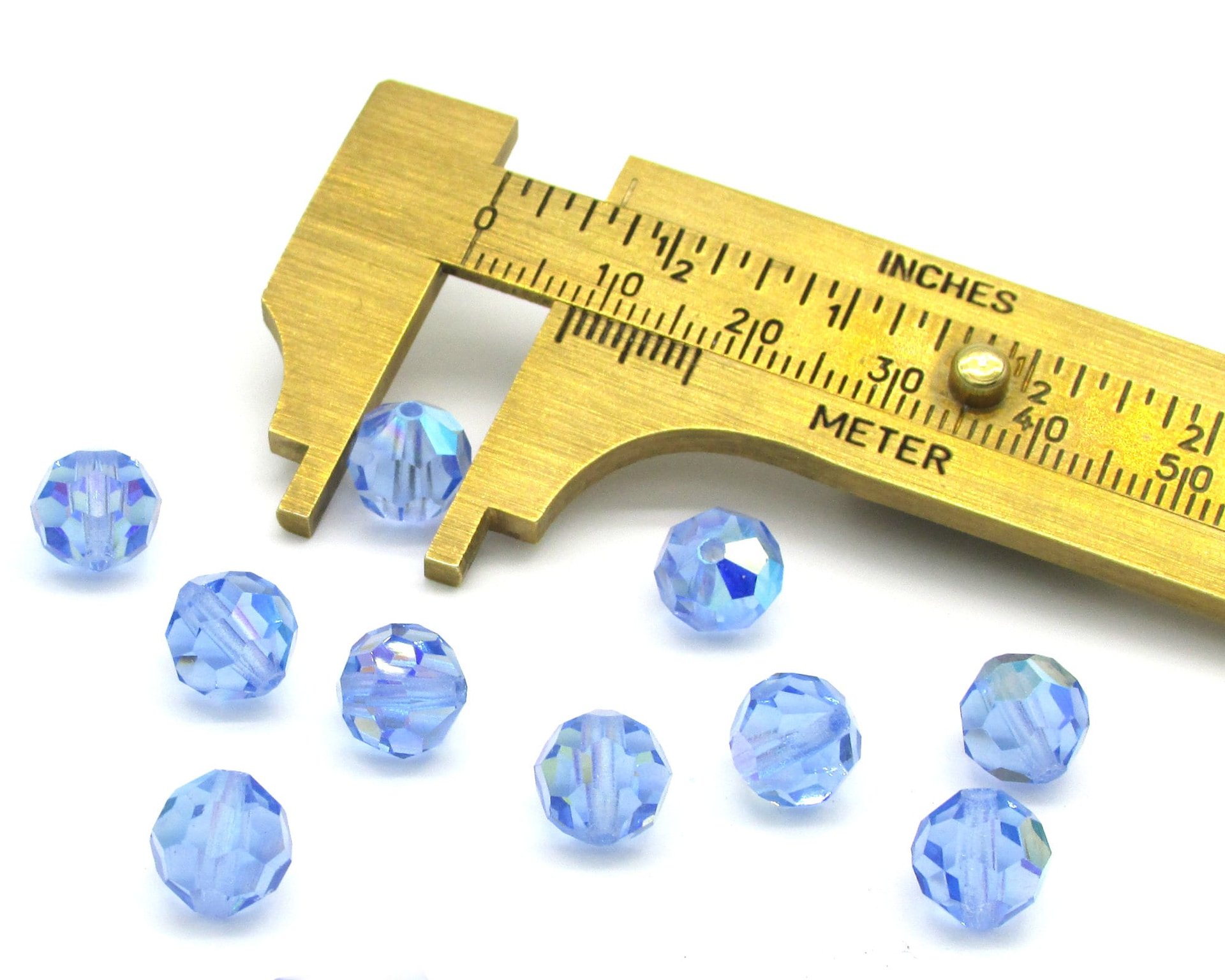 Vintage 8mm Faceted Round Beads, Light Sapphire AB Czech Machine Cut Crystal