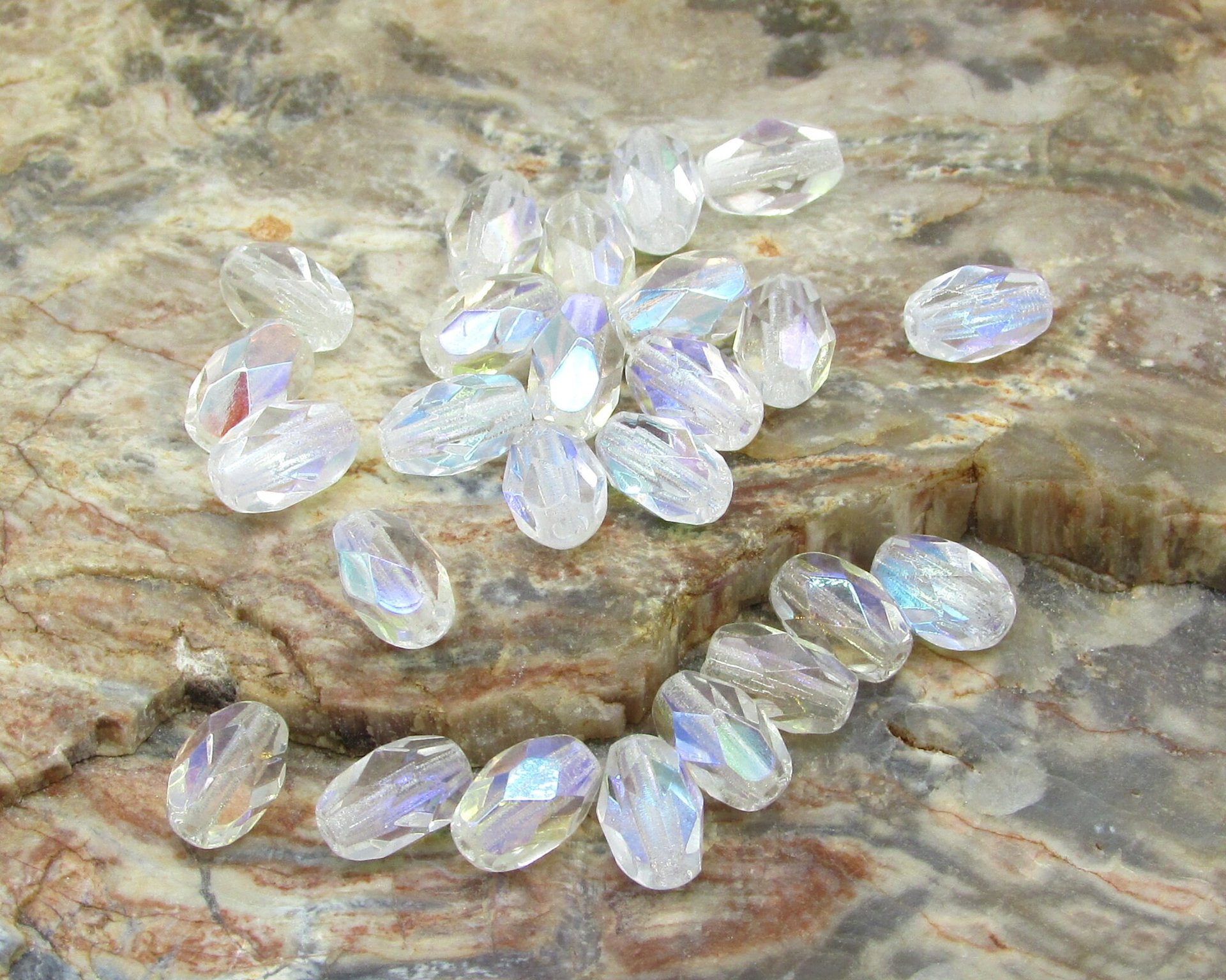 7x5mm Faceted Oval Barrels, Crystal AB Fire Polished Czech Glass Beads