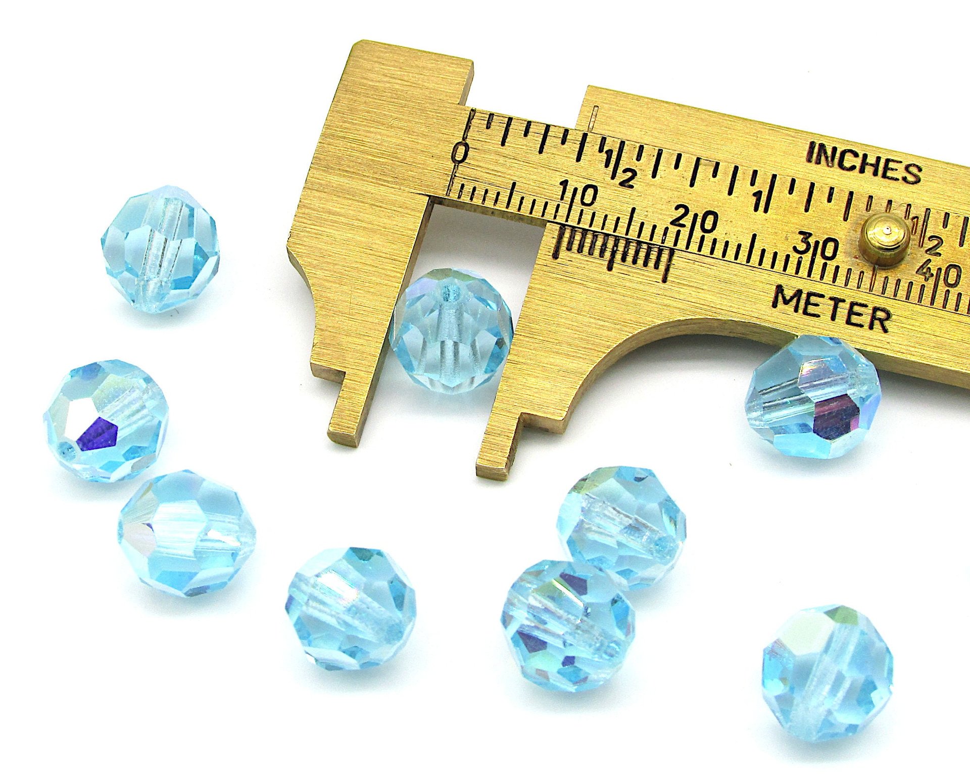 10mm Faceted Round Beads, Vintage Aqua AB Czech Machine Cut Crystal, Iridescent Pastel Blue-Green Spacers (12)
