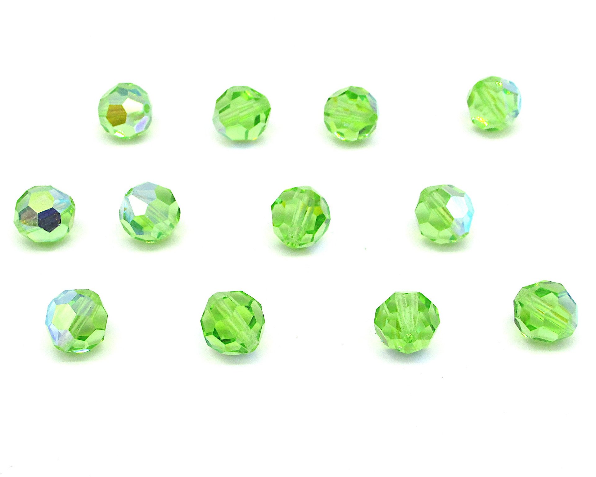 10mm Faceted Round Beads, Peridot AB Vintage Czech Machine Cut Crystal, Iridescent Pale Green Spacers