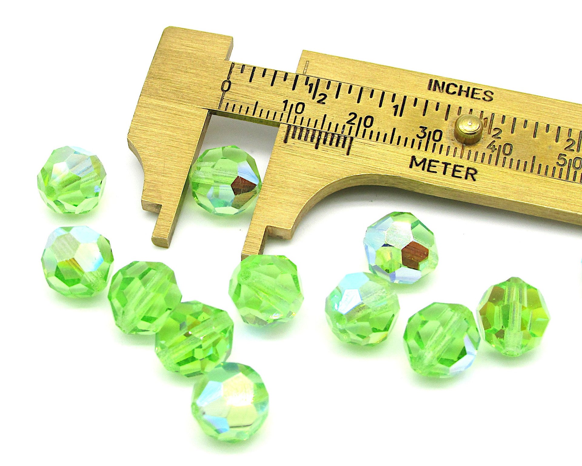 10mm Faceted Round Beads, Peridot AB Vintage Czech Machine Cut Crystal, Iridescent Pale Green Spacers