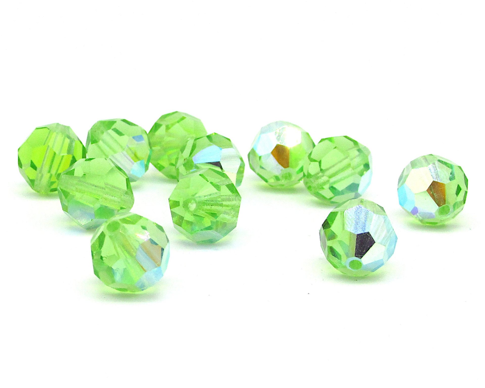10mm Faceted Round Beads, Peridot AB Vintage Czech Machine Cut Crystal, Iridescent Pale Green Spacers