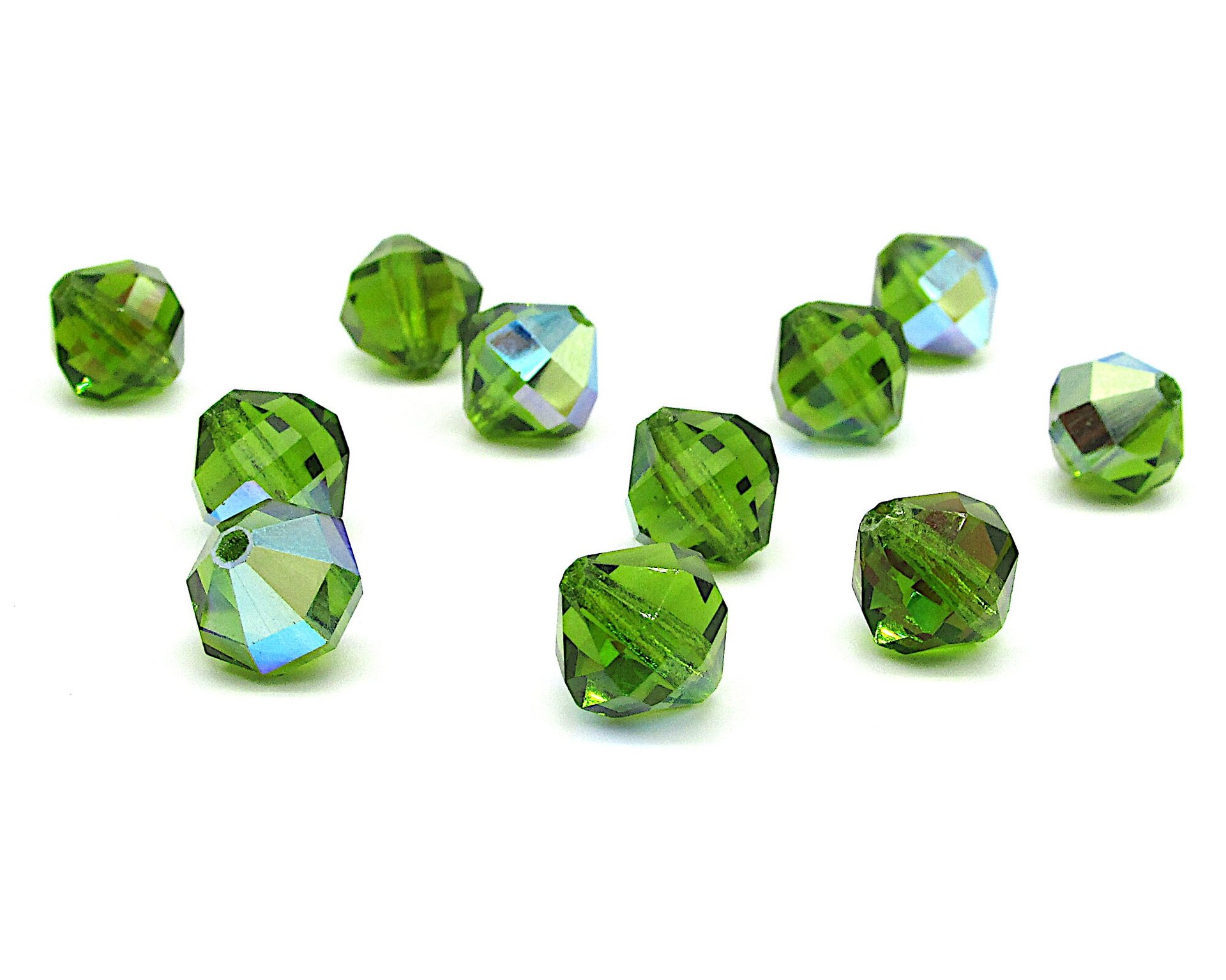 10x10mm Faceted Polygons Beads, Emerald AB Vintage Machine Cut Crystal Octagons (12)