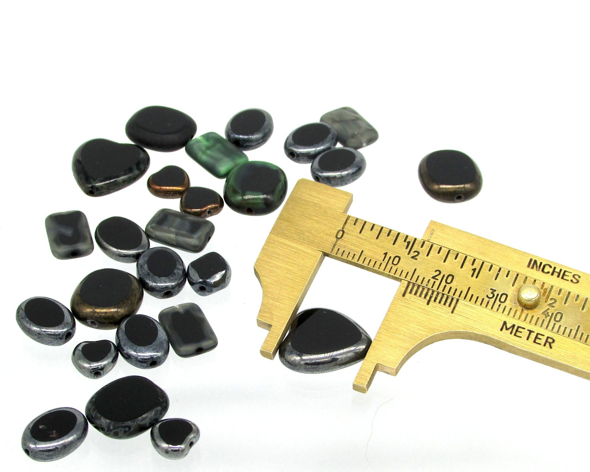 Flat Bead Mix, Opaque Black Picasso Czech Glass 2-Cut Hearts, Ovals and Rectangles