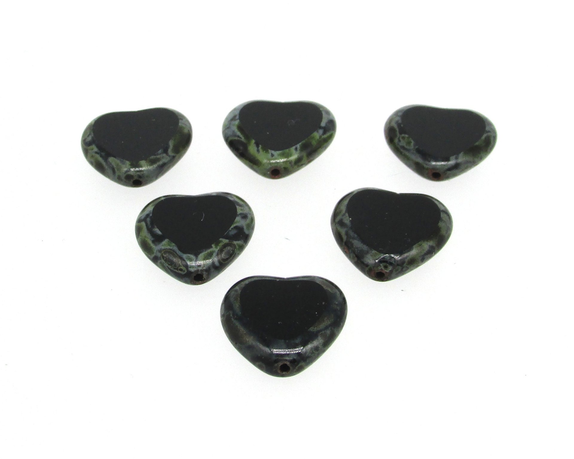 15mm Flat Hearts, Black Picasso Czech 2-Cut Window Beads (6)