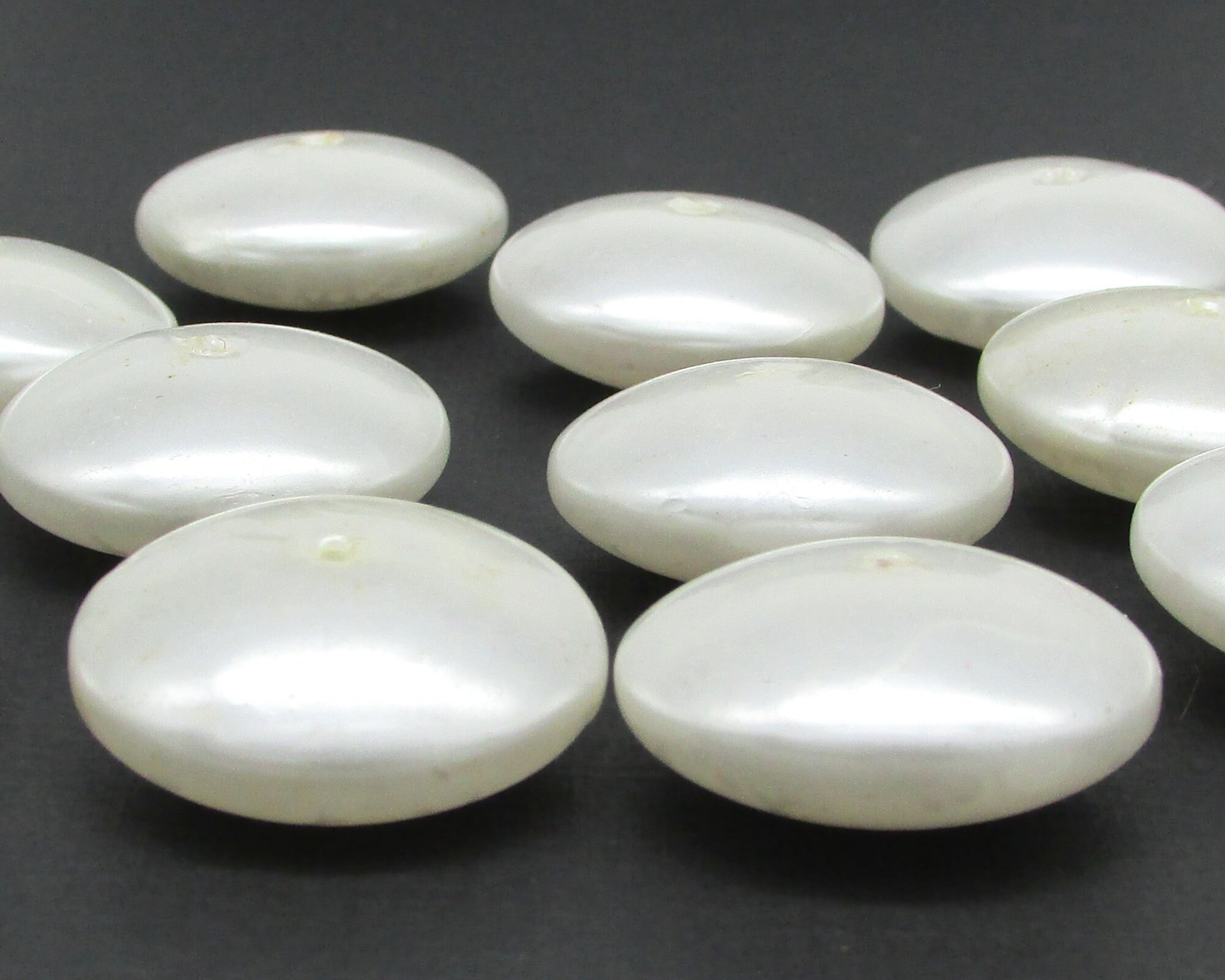 12x26.5mm Rondelles, Opaque White Puffed Rounds, Vintage Plastic Faux Pearl Saucer Beads (11)