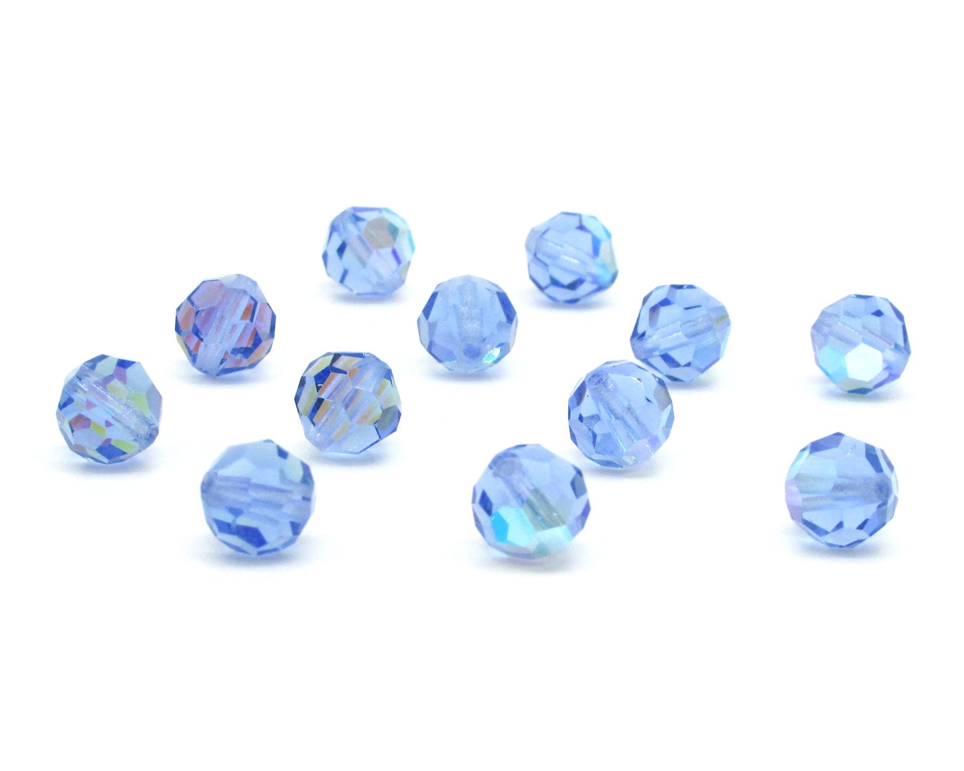 Vintage 8mm Faceted Round Beads, Light Sapphire AB Czech Machine Cut Crystal