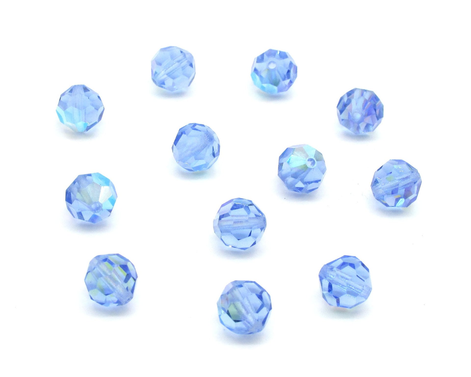 Vintage 8mm Faceted Round Beads, Light Sapphire AB Czech Machine Cut Crystal