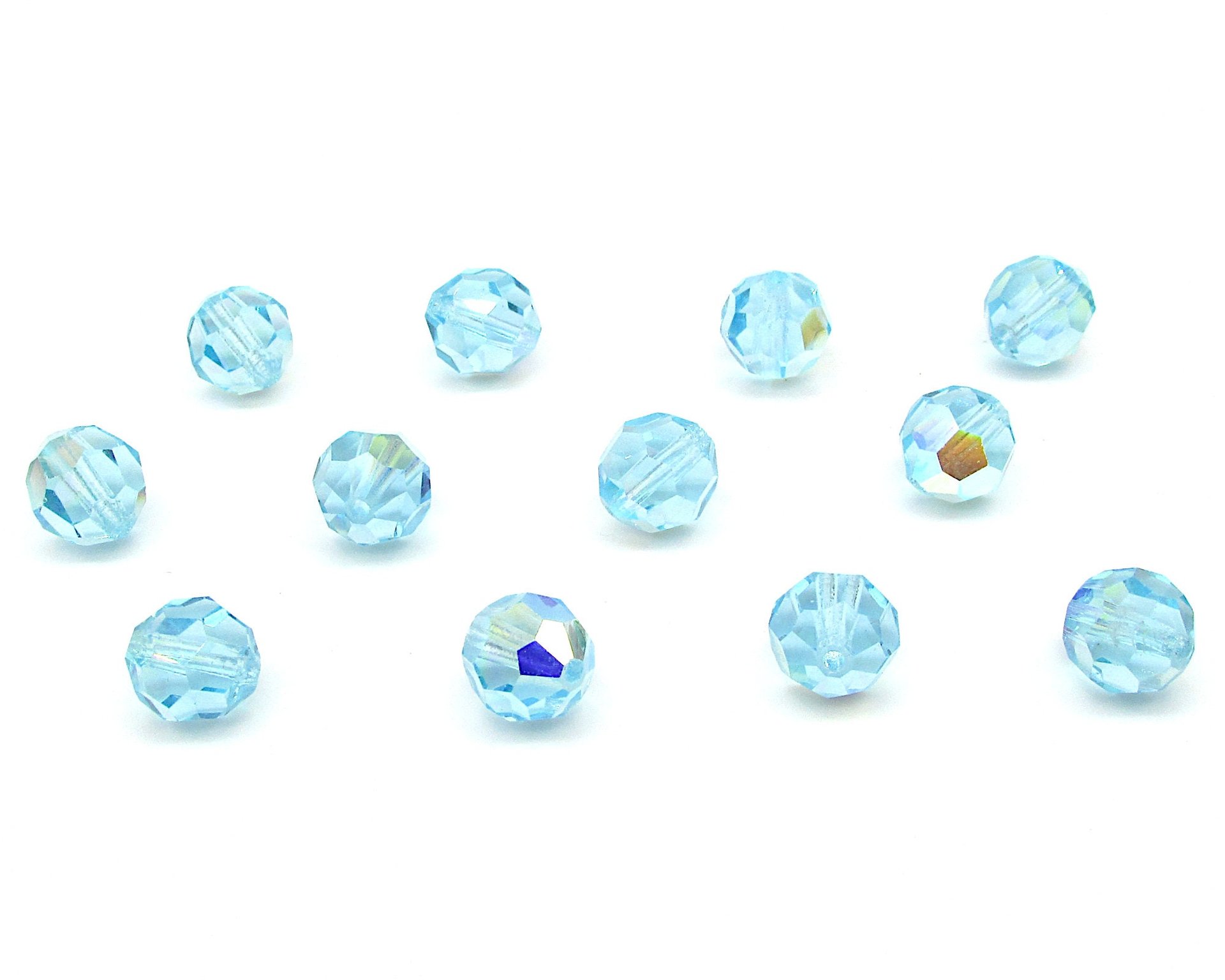 10mm Faceted Round Beads, Vintage Aqua AB Czech Machine Cut Crystal, Iridescent Pastel Blue-Green Spacers (12)