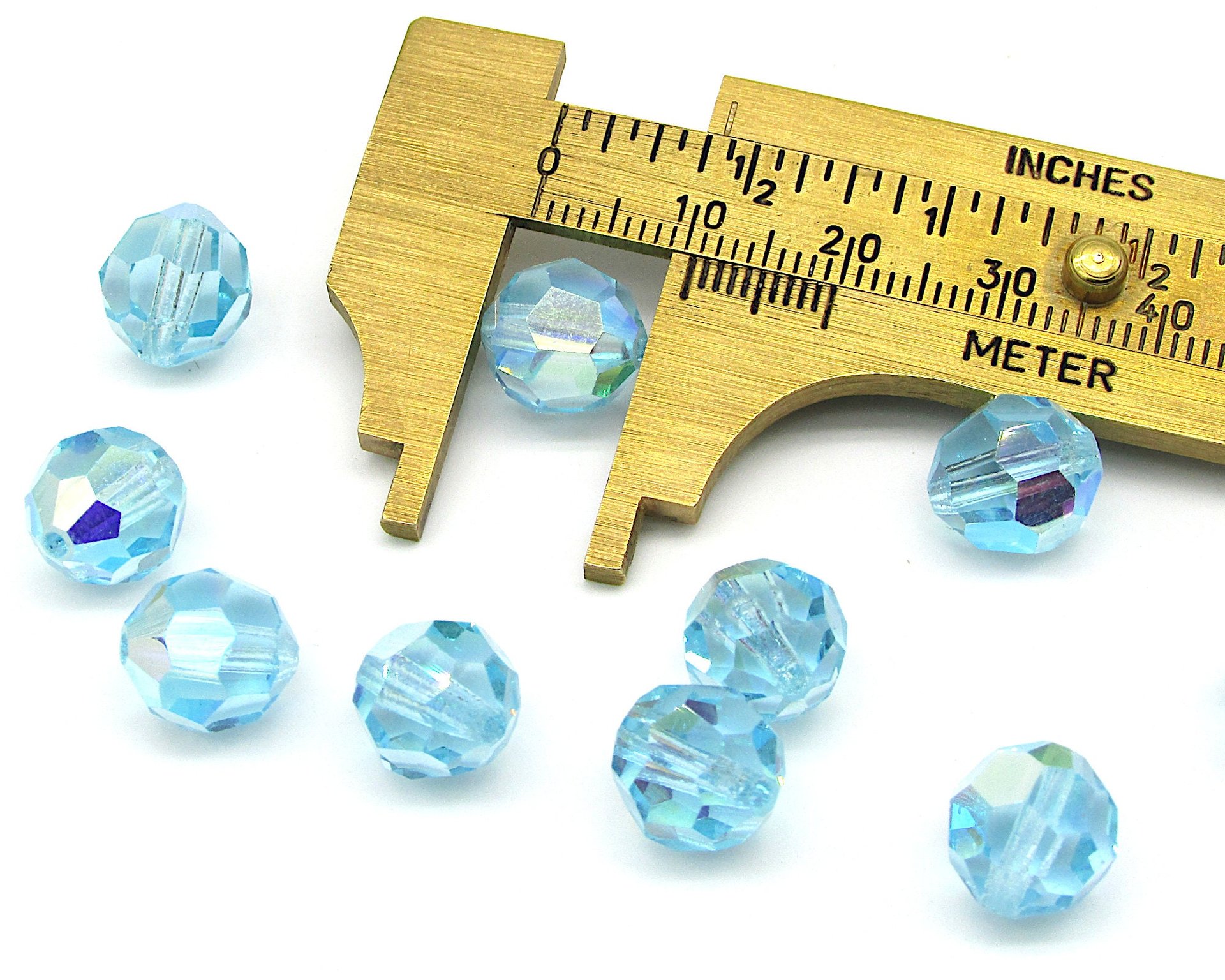 10mm Faceted Round Beads, Vintage Aqua AB Czech Machine Cut Crystal, Iridescent Pastel Blue-Green Spacers (12)