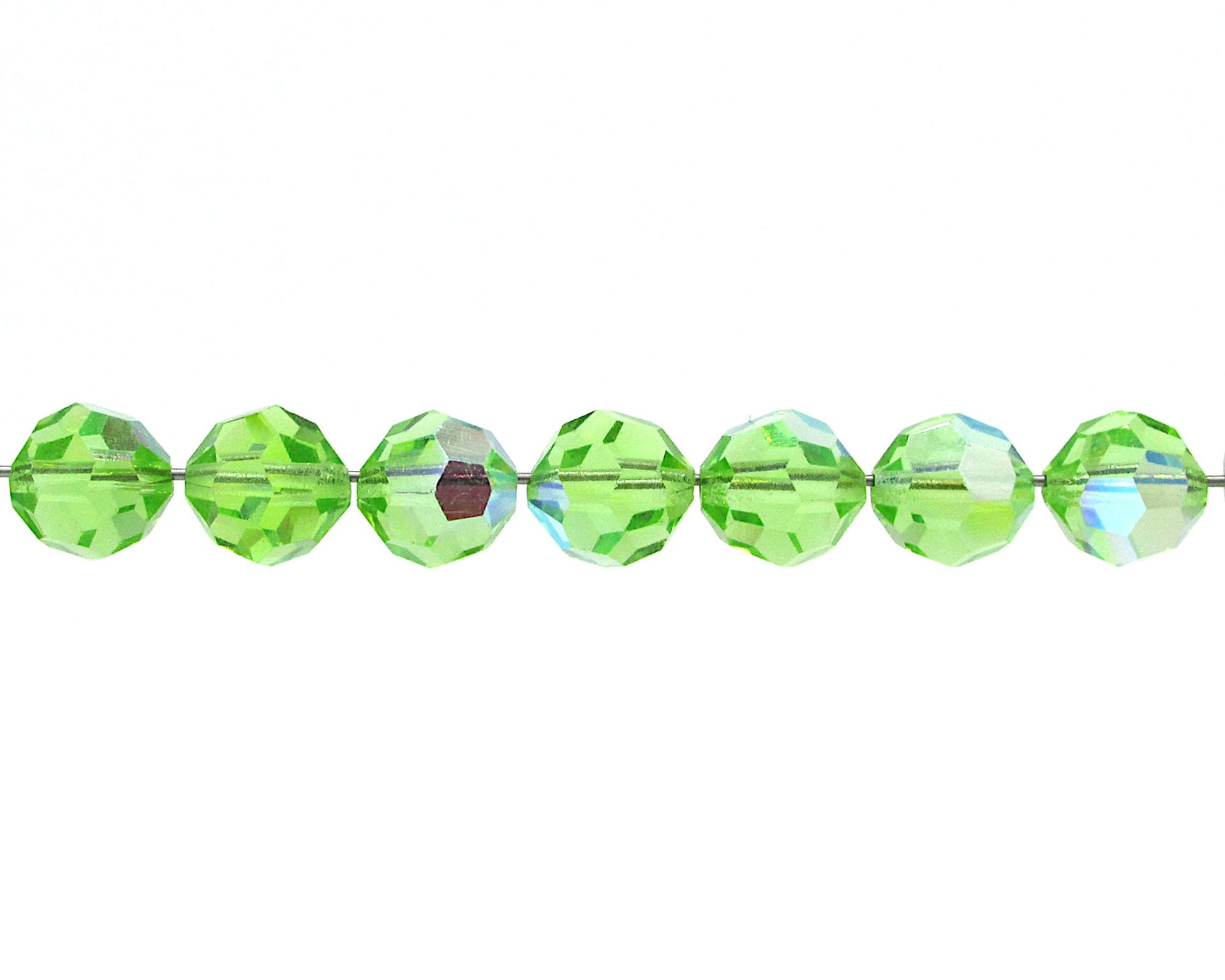 10mm Faceted Round Beads, Peridot AB Vintage Czech Machine Cut Crystal, Iridescent Pale Green Spacers