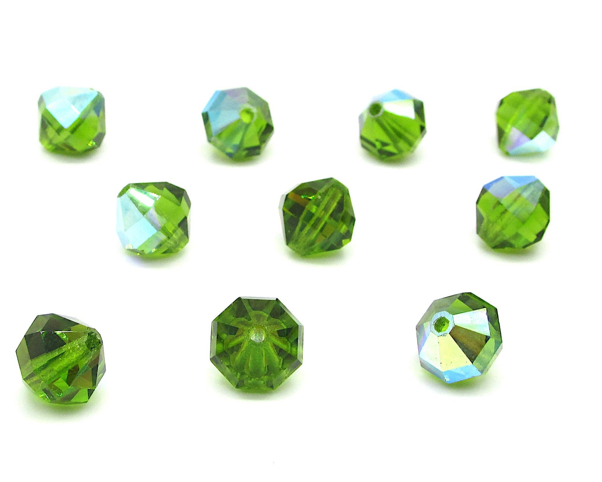 10x10mm Faceted Polygons Beads, Emerald AB Vintage Machine Cut Crystal Octagons (12)