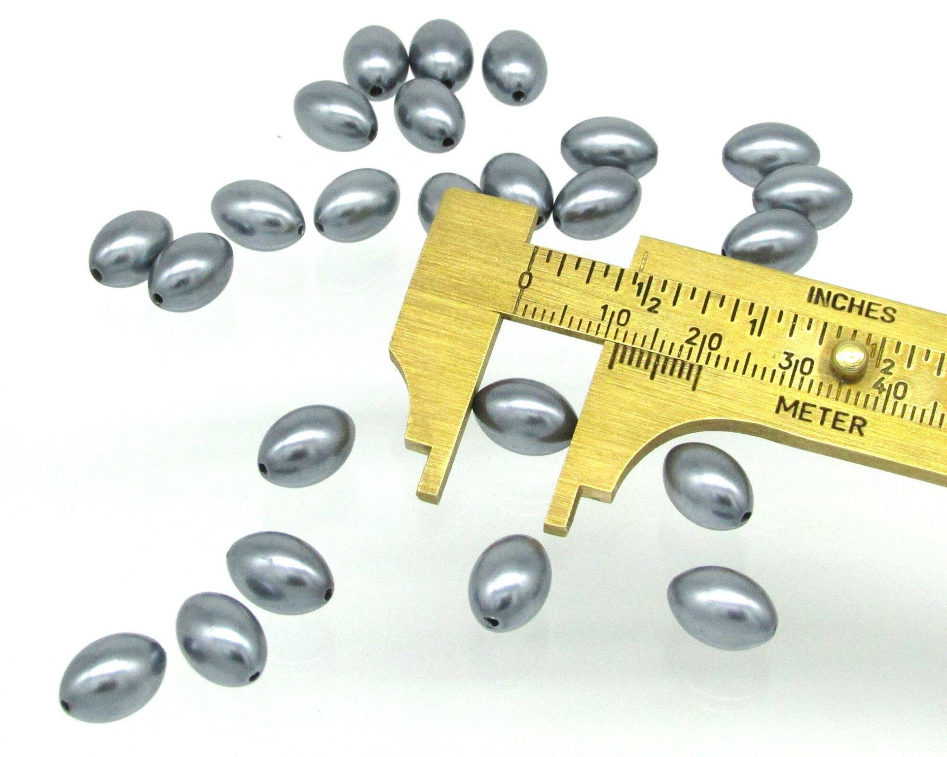 11.5x8mm Oval Beads, Opaque Dark Gray Tapered Barrels, Vintage Plastic Rice Pearls (24)