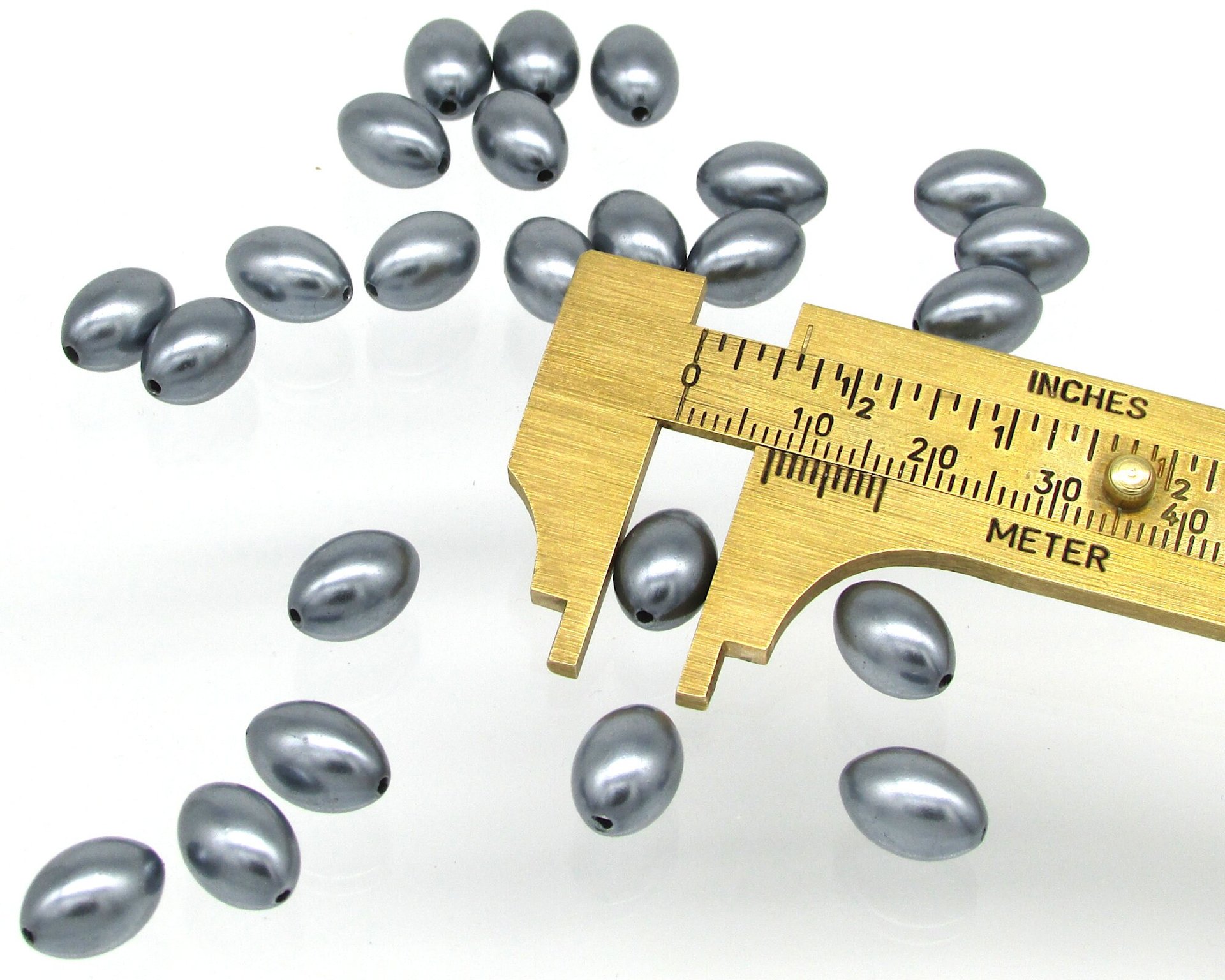 11.5x8mm Oval Beads, Opaque Dark Gray Tapered Barrels, Vintage Plastic Rice Pearls (24)