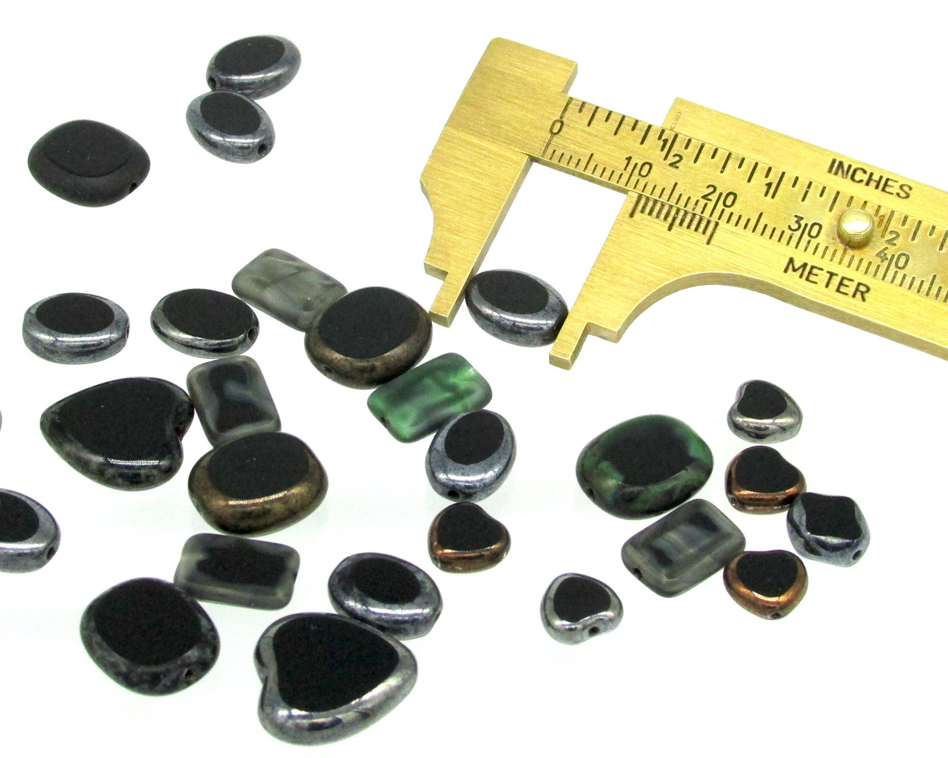 Flat Bead Mix, Opaque Black Picasso Czech Glass 2-Cut Hearts, Ovals and Rectangles