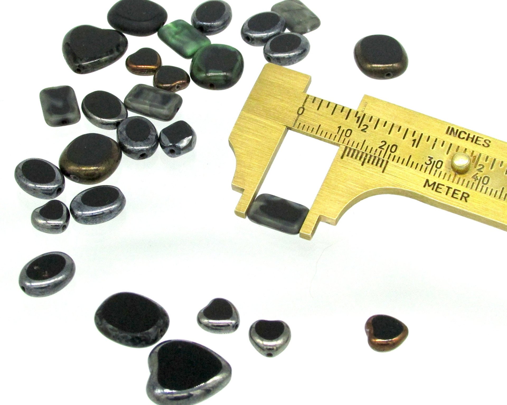 Flat Bead Mix, Opaque Black Picasso Czech Glass 2-Cut Hearts, Ovals and Rectangles