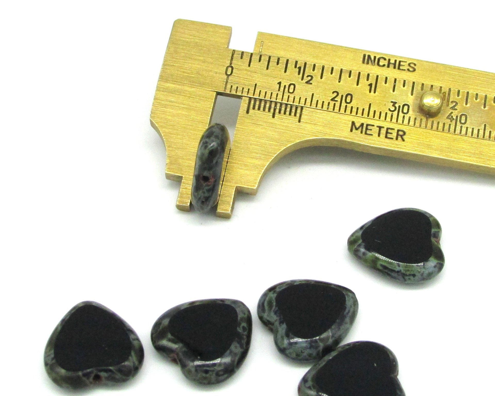 15mm Flat Hearts, Black Picasso Czech 2-Cut Window Beads (6)