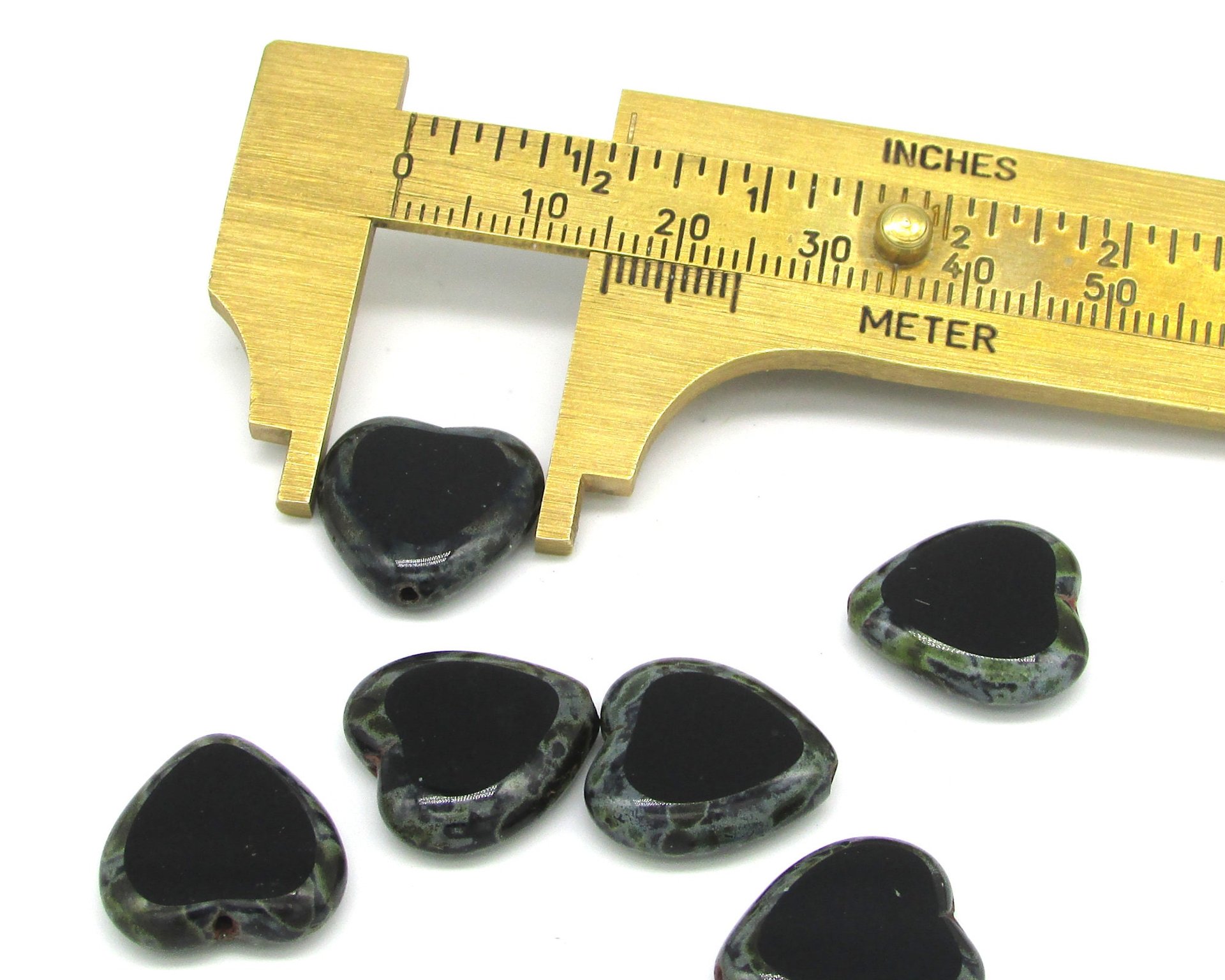 15mm Flat Hearts, Black Picasso Czech 2-Cut Window Beads (6)