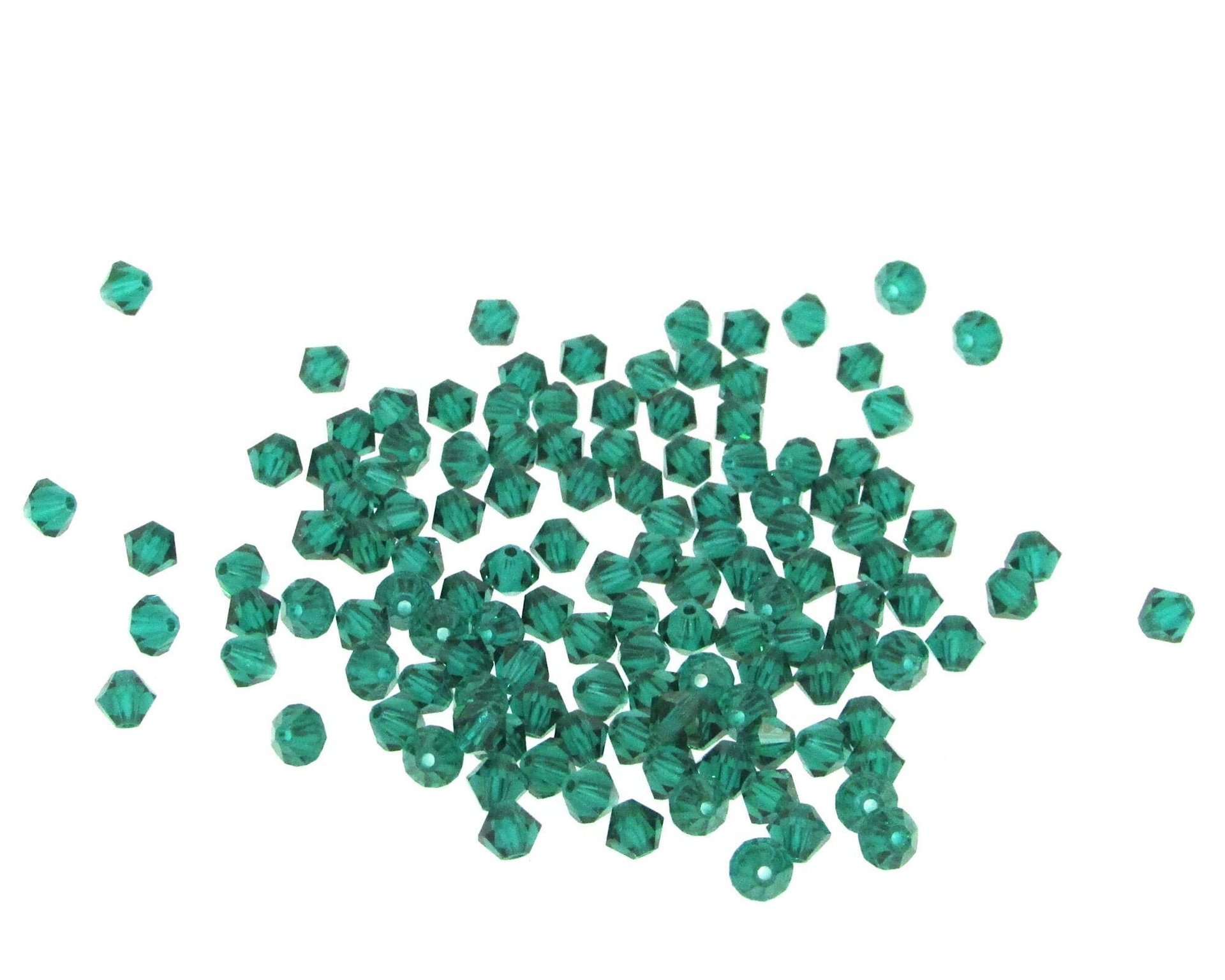4mm Bicone Beads, Translucent Emerald Green Vintage Machine Cut Faceted Crystal Spacers