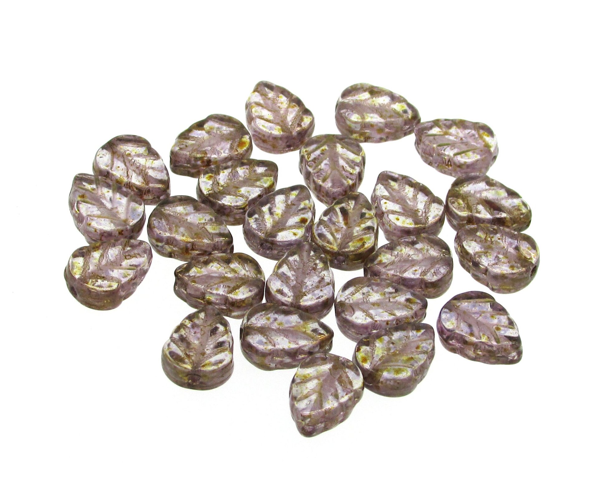 Flat Leaf Beads, Czech Pressed Glass 10x8mm Veined Birch