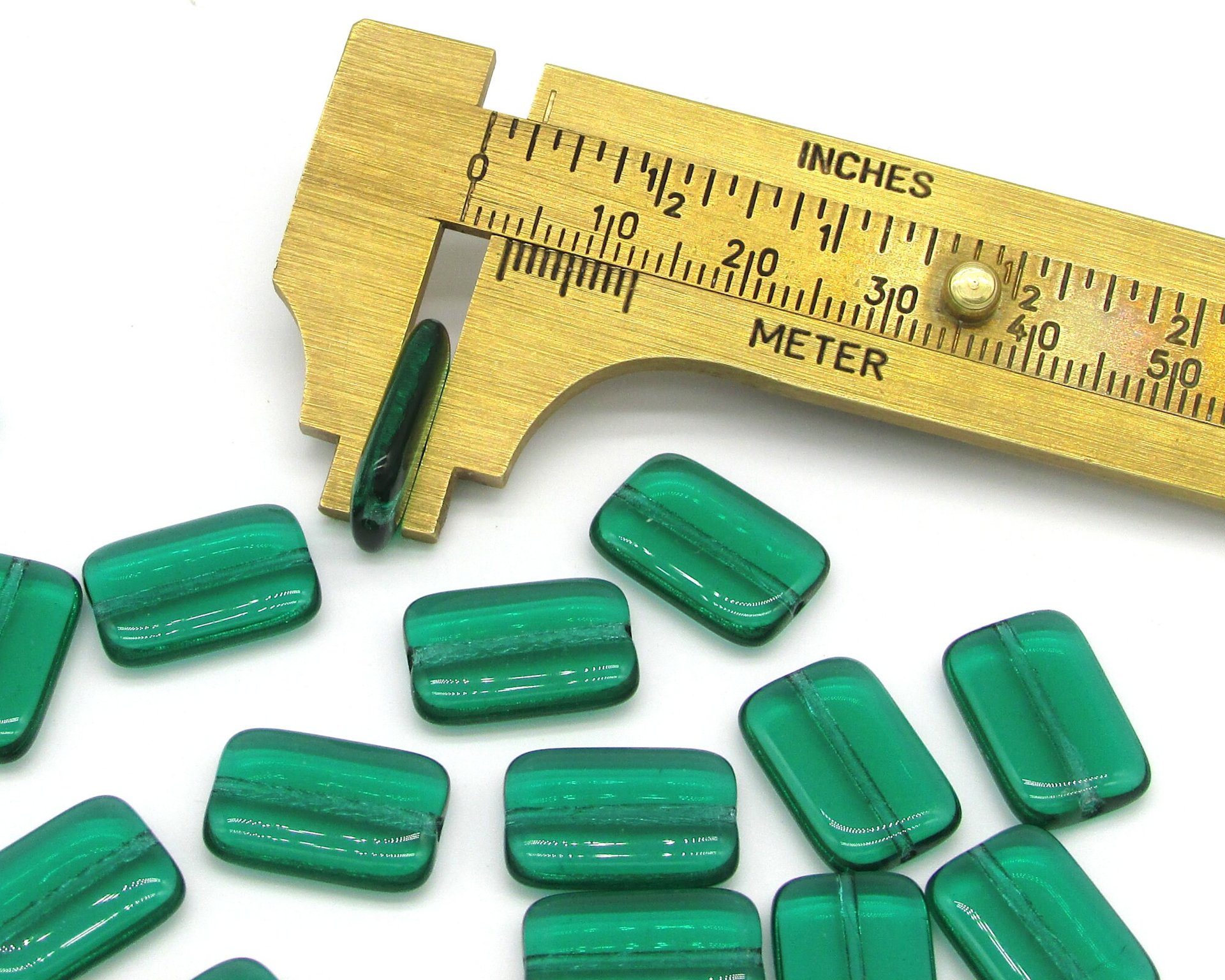 15.5mm Flat Rectangle Beads, 15.5x10mm Translucent Green Czech Pressed Glass